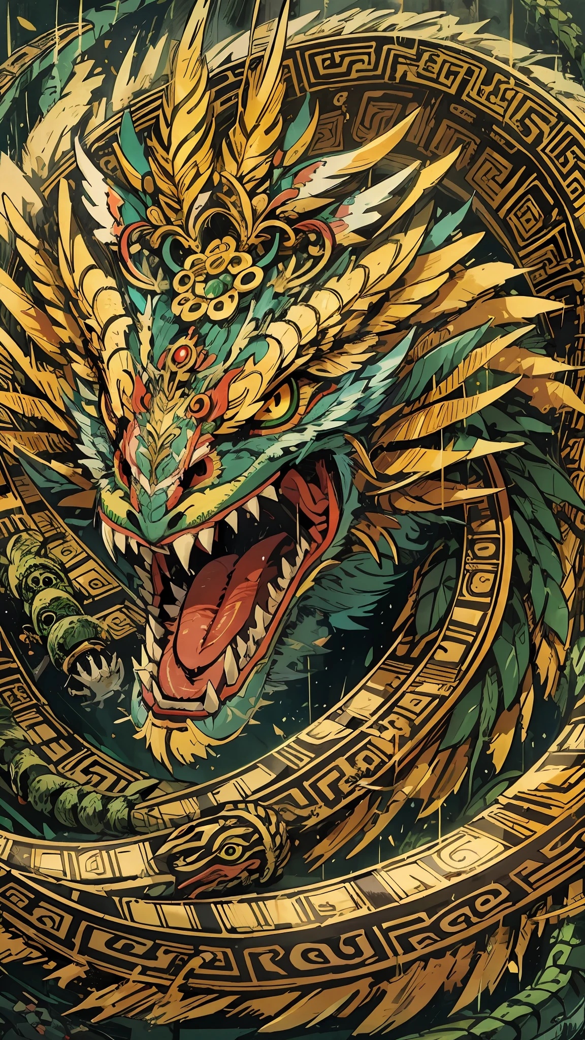 Masterpiece, best quality, {best quality}, {{masterpiece}}, {highres}, anime, attractive, exotic, Quetzalcoatl, Kukulkan, Serpent God, feathered serpent, flying plumes, plumage, Aztec, golden, gold, thunder, thunder, claws, sharp teeth, serious, destruction