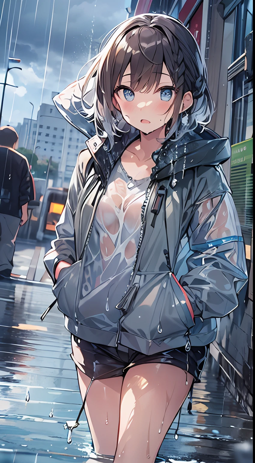 masutepiece, Best Quality,Illustration, Wallpaper, Ultra Detail, absurderes, 1girl in, Solo, (Medium short hair、short braided hair), Beautiful detailed eyes, rainfall、water dripping、wetting hair , Wet clothes, (Street:1.3), Cloudy sky、kirakira