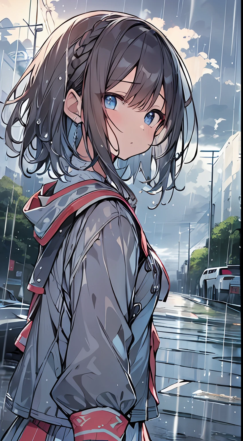 masutepiece, Best Quality,Illustration, Wallpaper, Ultra Detail, absurderes, 1girl in, Solo, (Medium short hair、short braided hair), Beautiful detailed eyes, rainfall、water dripping、wetting hair , Wet clothes, (Street:1.3), Cloudy sky、kirakira