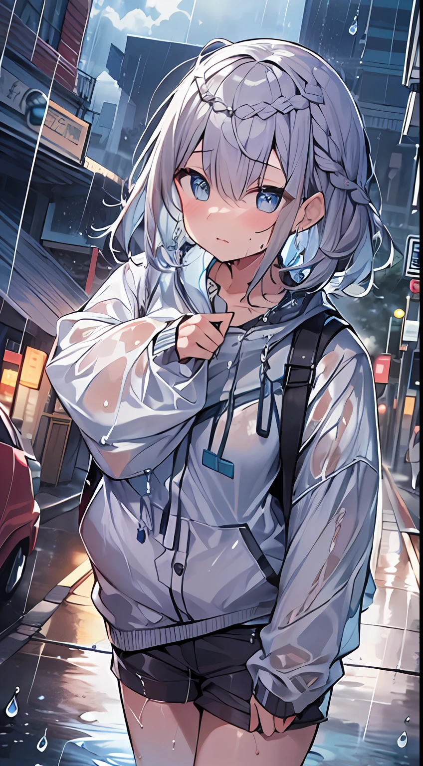 masutepiece, Best Quality,Illustration, Wallpaper, Ultra Detail, absurderes, 1girl in, Solo, (Medium short hair、short braided hair), Beautiful detailed eyes, rainfall、water dripping、wetting hair , Wet clothes, (Street:1.3), Cloudy sky、kirakira