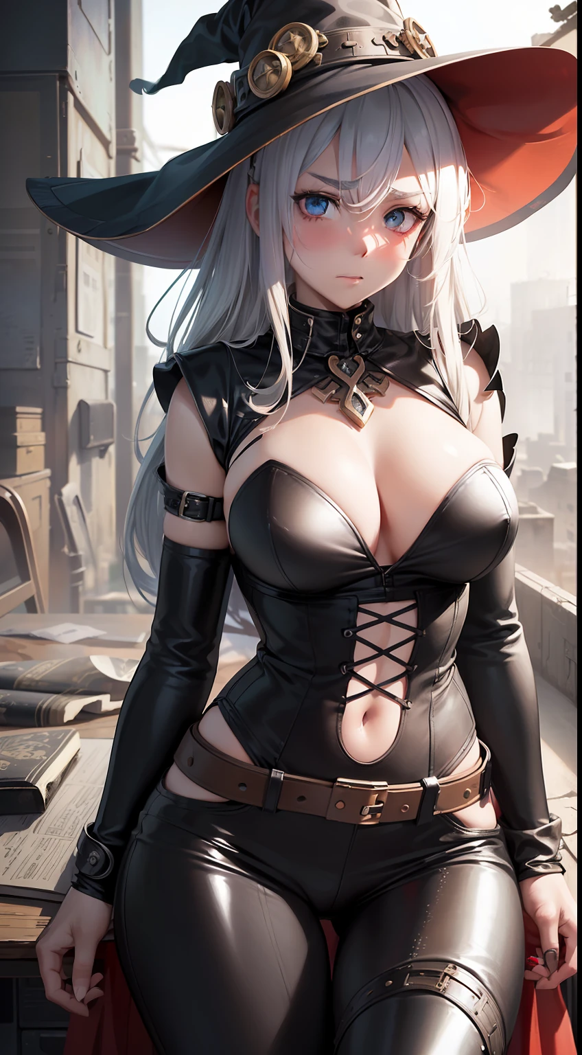 ((masterpiece))), (((best quality))), ((ultra-detailed)), ((highly detailed CG illustration)))), ((extremely delicate and beautiful face)),(masked ), cinematic light, absurd clothes, 1 young girl, ( (character sheet)), concept art, ((full height)), (masterpiece: 1.2), (best quality: 1.3), (single background, white background: 1.3),( CHARACTERS OF THE POST-APOCALYPTIC WORLD OF WASTELANDS)))), (( Characters WANDERERS RAIDERS)), ( MAD MAX concepts))))), (( beautiful face)), (( quality face)), (((beautiful anime eyes of characters))) , ( high-quality anime eyes of characters), (((high-quality anime pupils)), (beautiful anime pupils)), (( beautiful shape of anime eyes)), (( beautiful shape of anime pupils)), (( all faces with anime eyes)), ( simple anime eyes of characters)))), (bare skirt),(( very erotic pose))) , (( post-apocalyptic wastelands)))) frenzied, bright hair, old clothes atmosphere of the post-apocalyptic world, (((( extremely embarrassed face))), (( covers the body)) , ((( extremely embarrassed face))),(surprised eyebrows),(sad eyebrows),(evil eyebrows),( character of the post-apocalypse world))))( maximum torn clothes ), ( the universe of the post-apocalyptic world) ,(excited face)))), ((comic)),((background in school))), ((background of the desk))), ((background of large windows)), (witch costumes))), ((witch hat)), (long skirt)))), ((leather pants)))