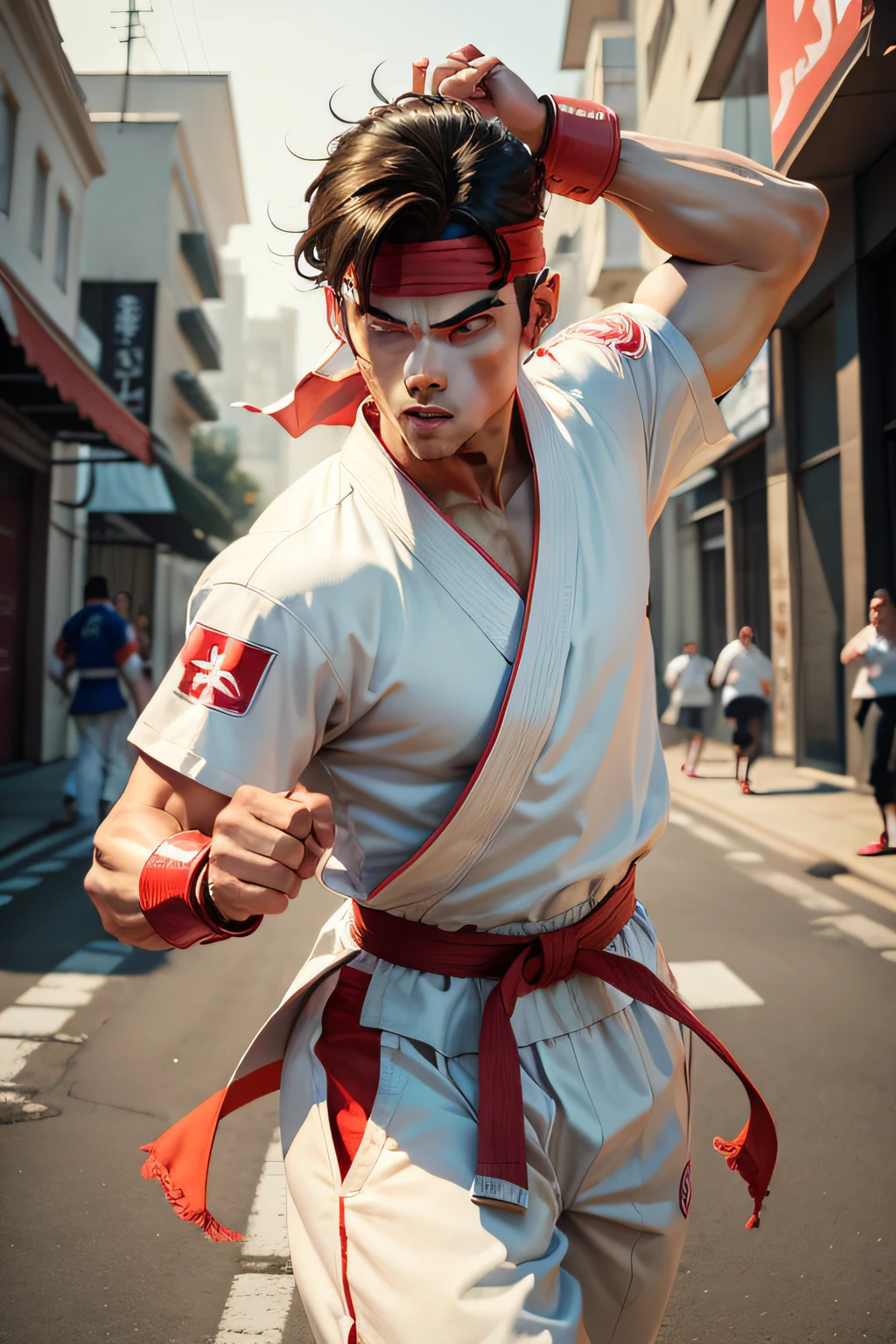 c4ttitude, wearing white karate outfit, red bandana, focusing energy, street fighter