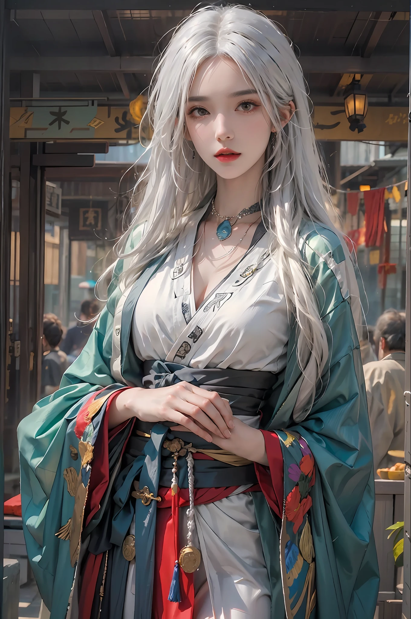 photorealistic, high resolution, 1women, solo, hips up, look at viewer, (detailed face), white hair, long hair, colorful Taoist robe,oversized clothes, midjourney portrait, jewelry