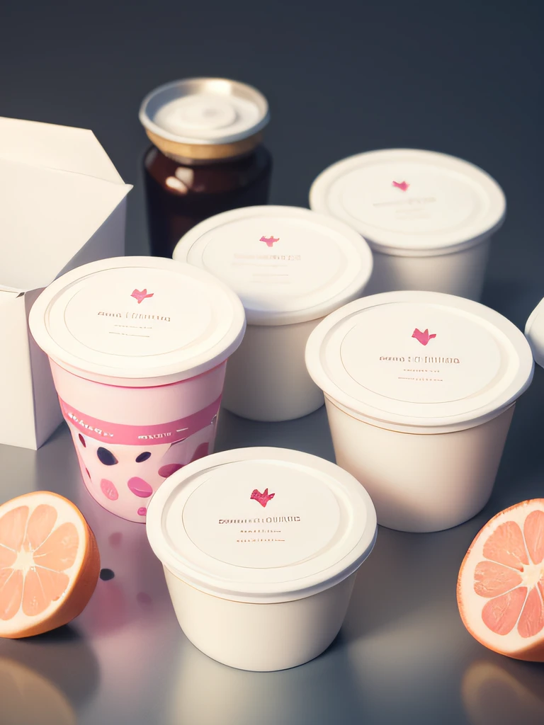 Design yogurt packaging poster，Paul Rand style design，The label design is simple and generous，Lychee rose flavored yogurt，The shape of the individual PET bottles dominates，The whole is mainly white，Composition golden ratio