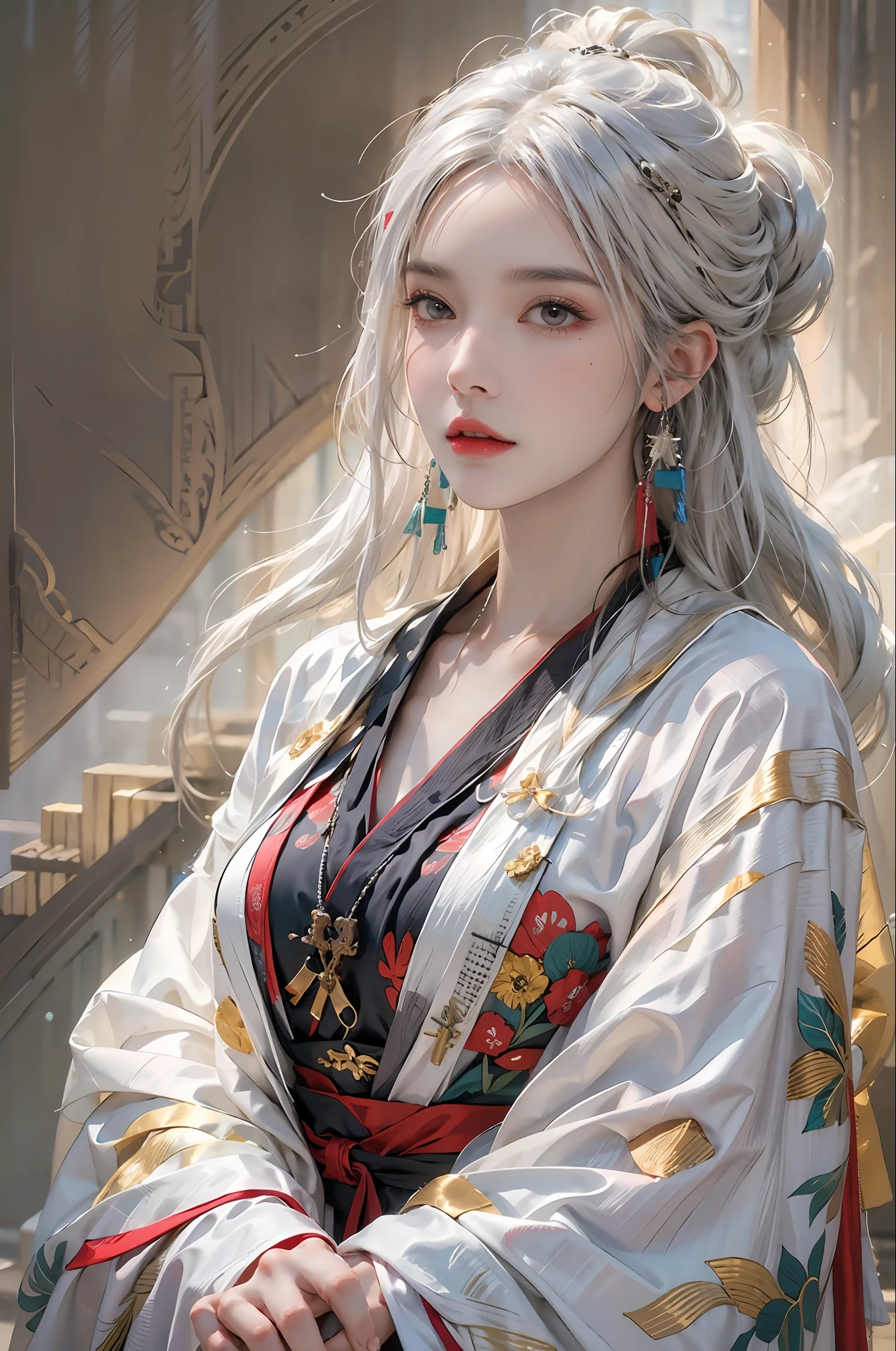 photorealistic, high resolution, 1women, solo, hips up, look at viewer, (detailed face), white hair, long hair, colorful Taoist robe,oversized clothes, midjourney portrait, jewelry