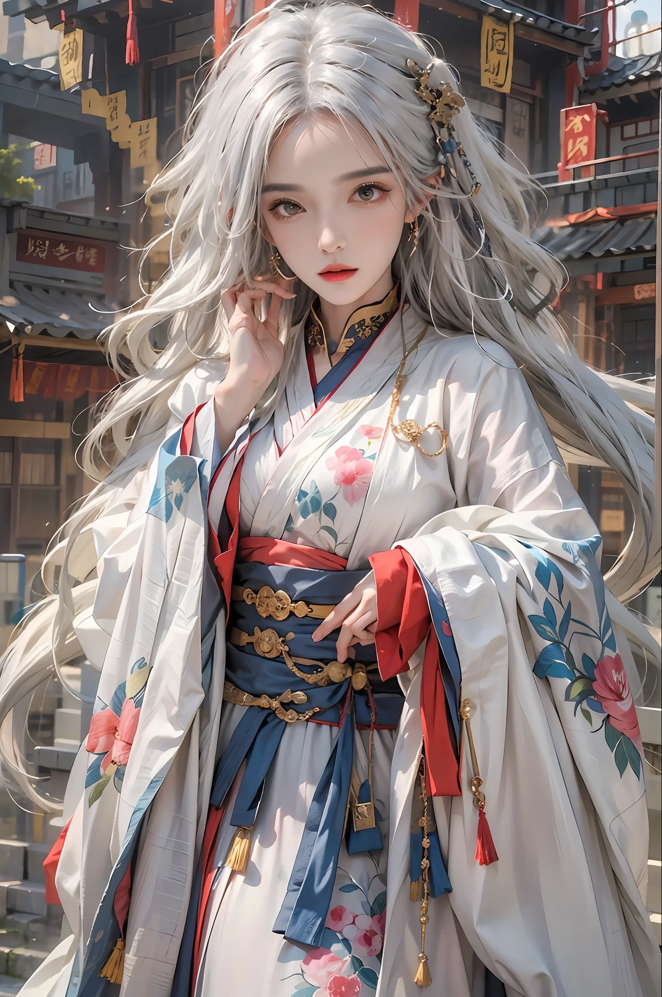 photorealistic, high resolution, 1women, solo, hips up, look at viewer, (detailed face), white hair, long hair, colorful Taoist robe,oversized clothes, midjourney portrait, jewelry