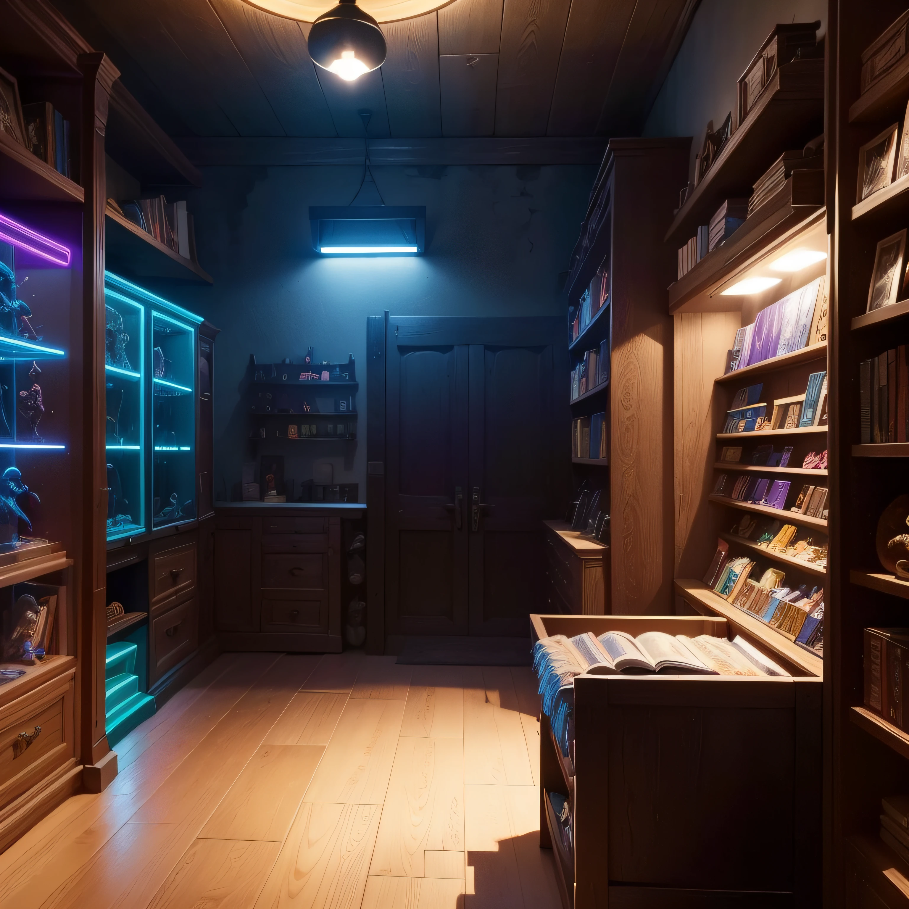 ((best quality)), ((obra-prima)), ((desenho realista)), ((Personagem perfeito))
Quarto medieval com luzes neon azul e roxa, paredes adornadas com pedras antigas, porta de madeira com entalhes intricados, Gaming equipment spread out on a messy bed, a collection of fantasy novels and game manuals on a wooden shelf, Action figures of legendary warriors lining the shelves, purple and blue neon lights casting an otherworldly glow, altura dos olhos, Scenic, obra-prima.