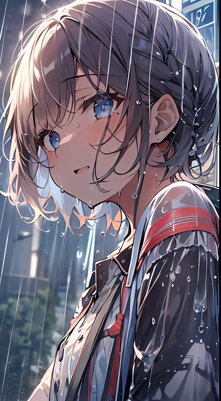 masutepiece, Best Quality,Illustration, Wallpaper, Ultra Detail, absurderes, 1girl in, Solo, (Medium short hair、short braided hair), Beautiful detailed eyes, rainfall、water dripping、wetting hair , Wet clothes, (Street:1.3), Cloudy sky、kirakira