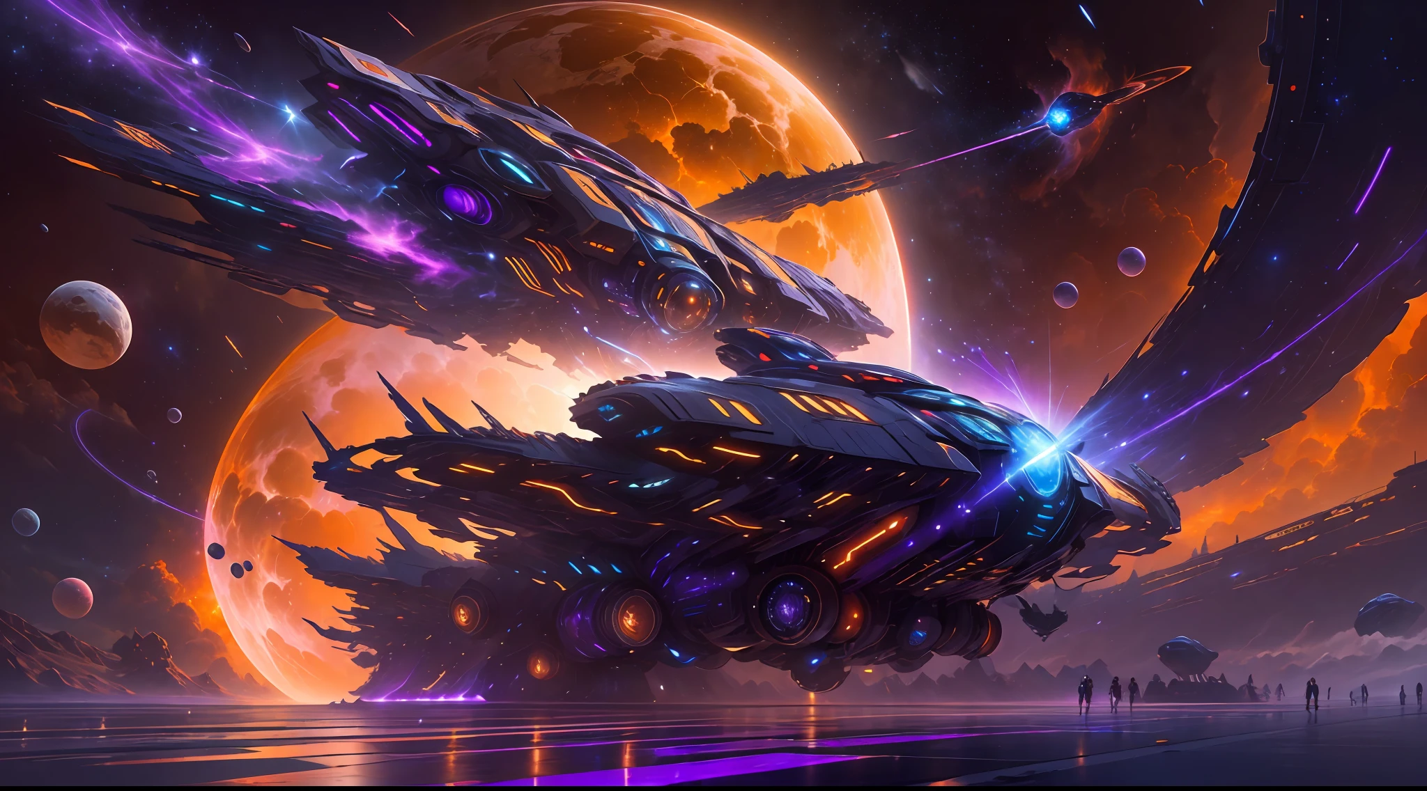 (high quality:1.2),(masterpiece:1.3),(photorealistic:1.2), 4K, Digital painting, Epic space battle between sleek crescent-shaped spaceships. Gleaming silver hulls reflecting nebula's (cosmic purple glow:1.3). Powerful (blue plasma engines:1.2) propelling ships forward. (Red laser cannons:1.2) firing intensely. Sparks flying as bolts strike shields. (Bright orange explosions:1.2) blossoming in the void. Debris floating amidst the chaos. Distant galaxies and stars provide dramatic backdrop.