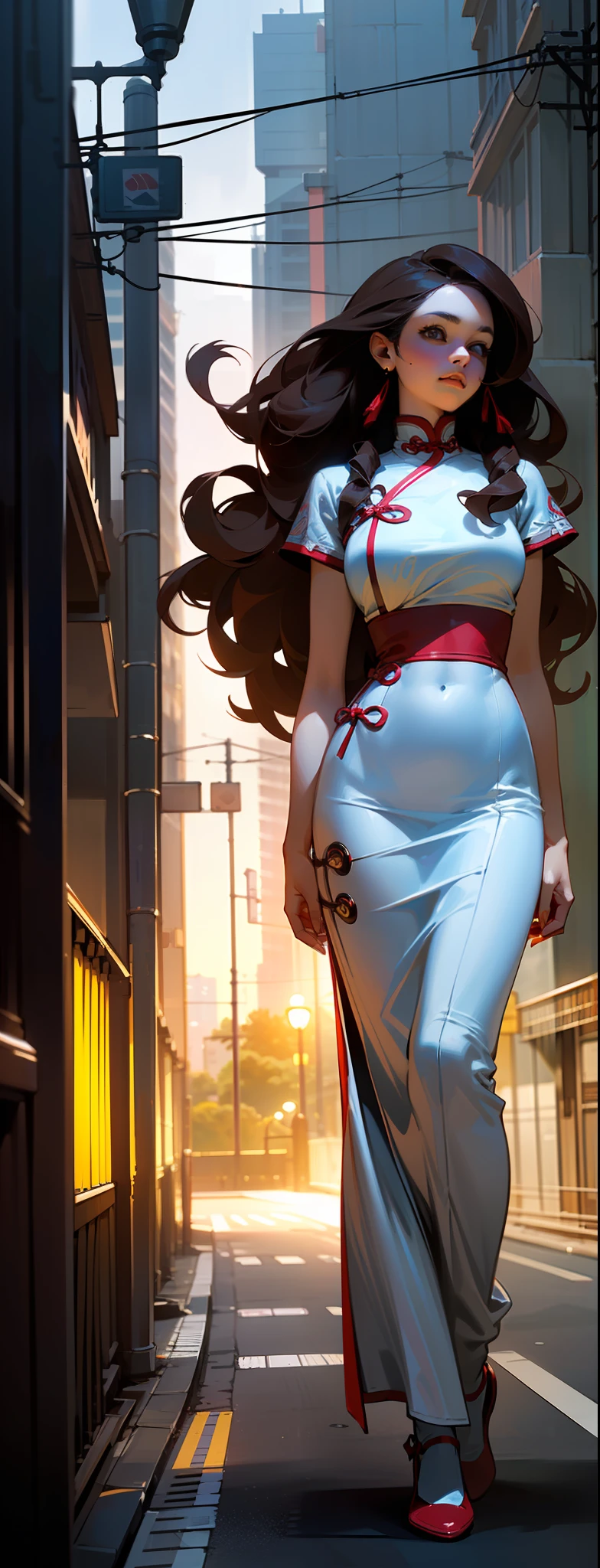 ((Realistic lighting, Optimal quality, 8K, tmasterpiece:1.3)),( sharp fokus:1.2), Kizi, (Beautiful Women with Perfect Figure:1.4),(Full body like:1.4),Slim:1.1, ((long and dark brown hair)),((long whitr hair)) ,((curlies)),(red-white qipao:1.4),(exteriors,during night:1.1),the city street,High-rise buildings and deep alleys,Ultra-fine face,Fine eyes,二重まぶた,