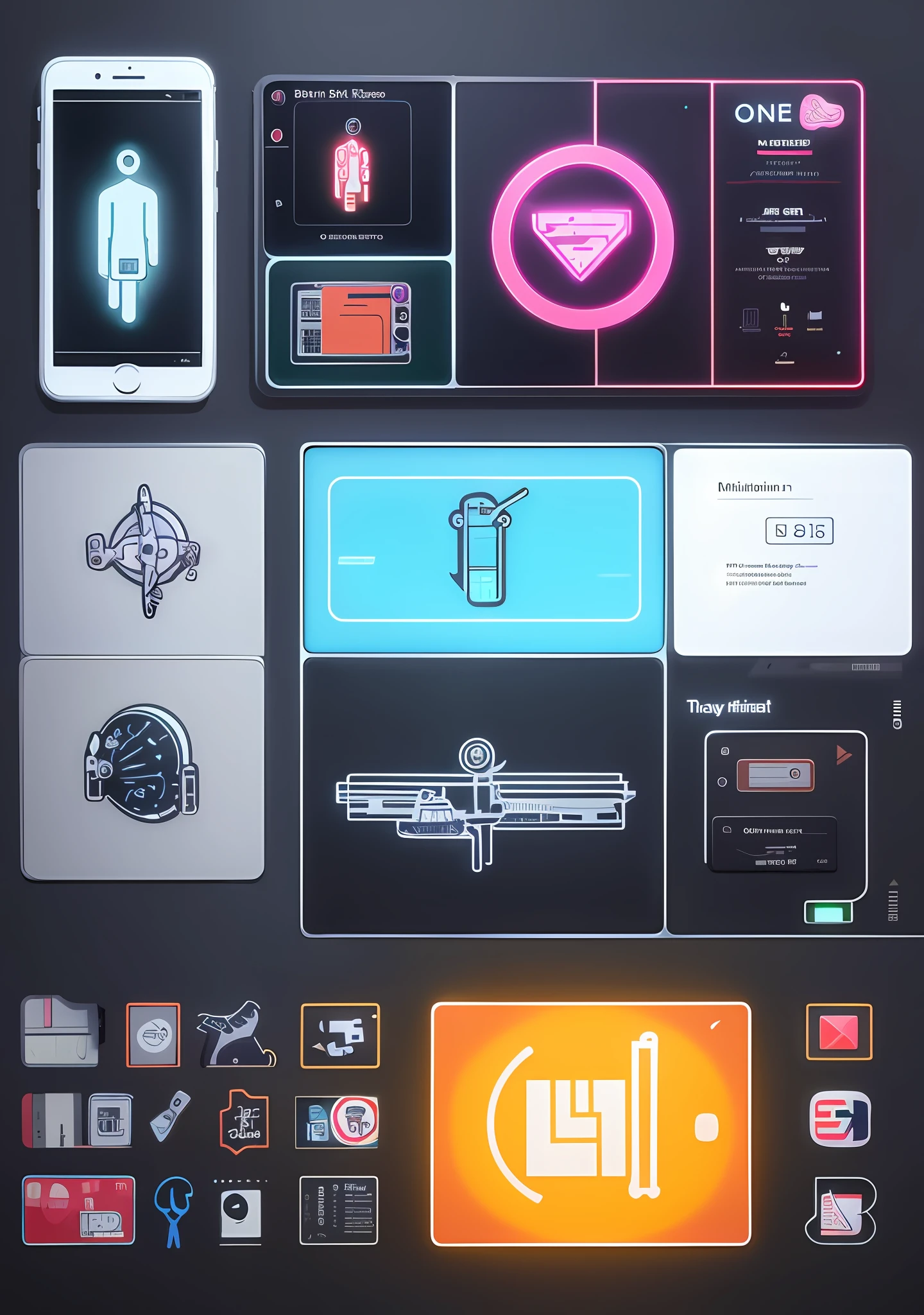 「Outline icon set of medical, frosted glass icon set, colorful, neon light, dark background」