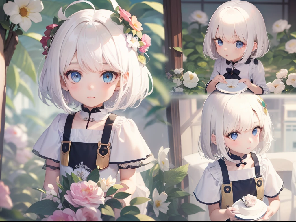 Best quality, tmasterpiece, 5 years old girl, Short white hair, eBlue eyes, Banquet hall, Expression of grievance, Wear a floral dress, Show your upper body, The shadow is long