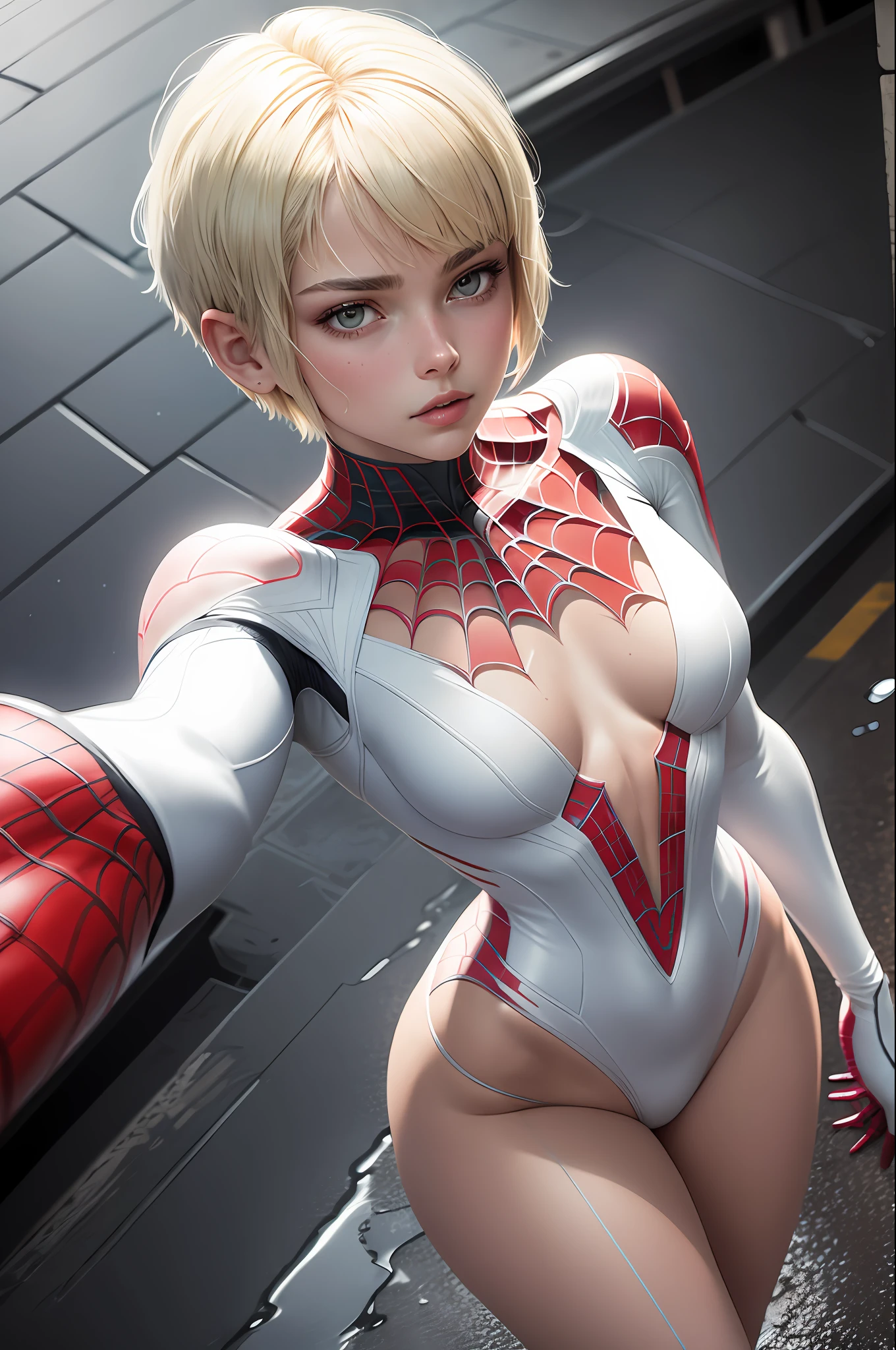 18 yo girl, white spider man suit, short blunt hair, blonde, beautiful face, rain, roof, masterpiece, intricate detail, perfect anatomy