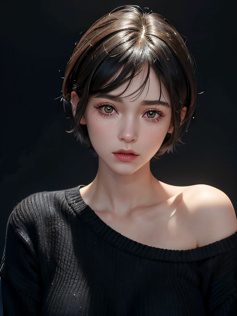 (masterpiece:1.3), (8k, photorealistic, RAW photo, best quality: 1.4), (1girl), beautiful face, (realistic face), (black hair, short hair:1.3), beautiful hairstyle, realistic eyes, beautiful detailed eyes, (realistic skin), beautiful skin, (sweater), absurdres, attractive, ultra high res, ultra realistic, highly detailed, golden ratio
