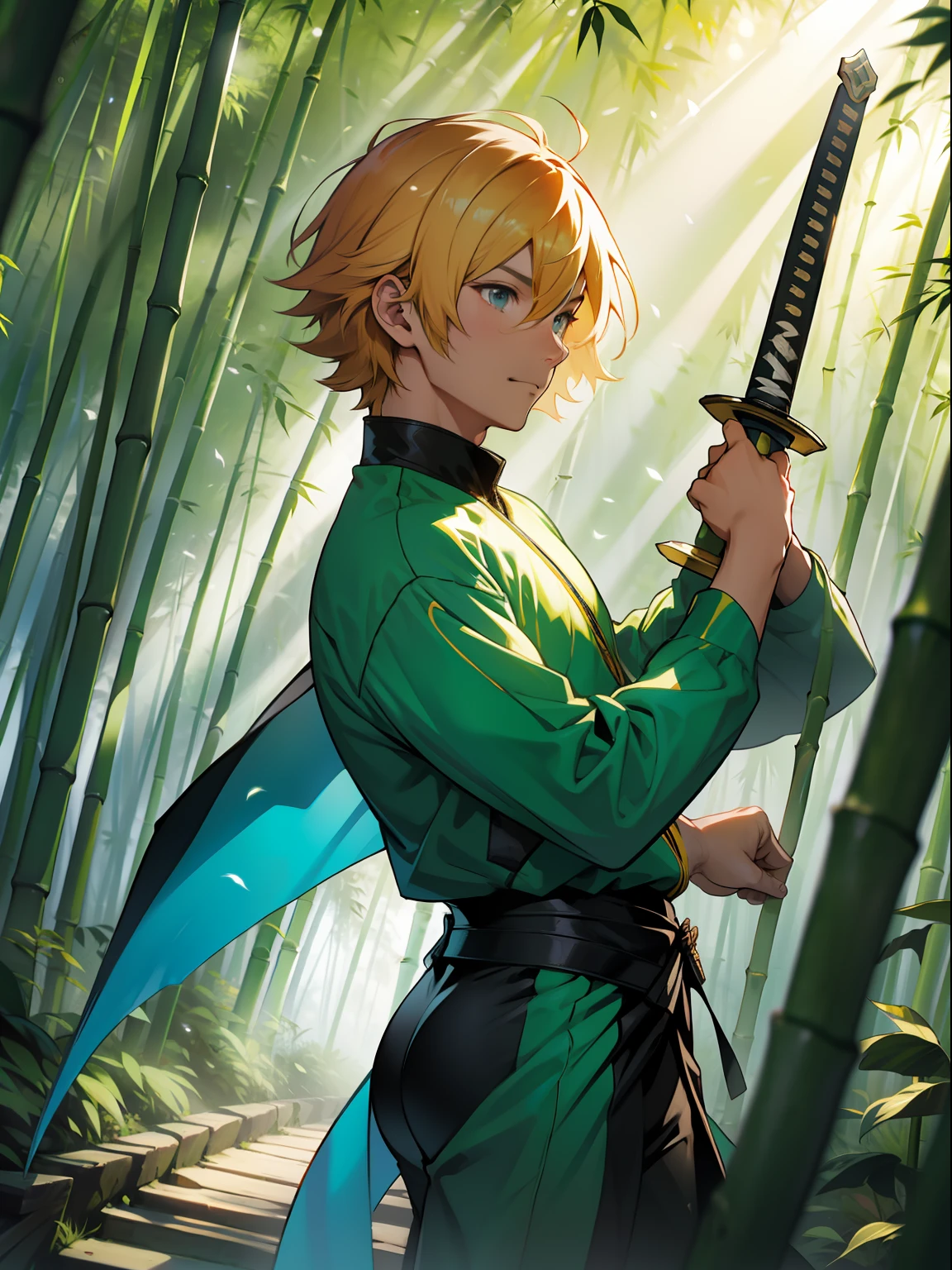 bamboo forrest，mtu，Tang suit，long sword，Flying，A ray of light，Close-up，