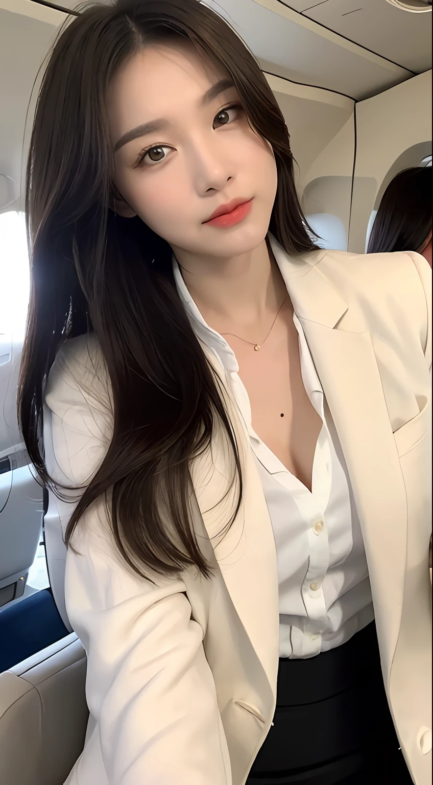 ((Top Quality, 8K, Masterpiece: 1.3)), Focus: 1.2, Perfect Body Beauty: 1.4, Buttocks: 1.2, ((Chest: 1.2)), On the Plane, Stewardess, White suit, Black skirt, Whiskey glasses in one hand, Highly detailed face, hands and skin texture, Delicate eyes, Double eyelids, Whitened skin, Long hair