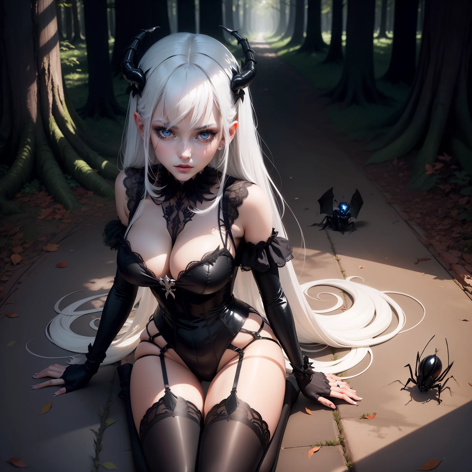 Insect devils，seductiv，ln the forest，shadowy，arachne，White hair，quadratic element