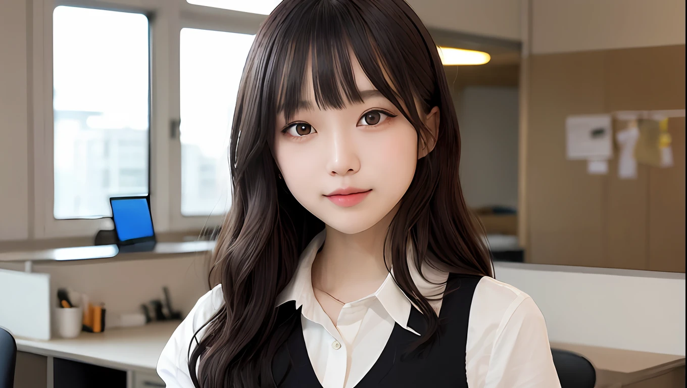1人、27-year-old girl、vests、hairstyle on(A dark-haired)、a picture、realisticlying、top-quality、adopt、A detailed face、s Office、a desk、细致背景、diffuse sunlight、depth of fields、独奏
