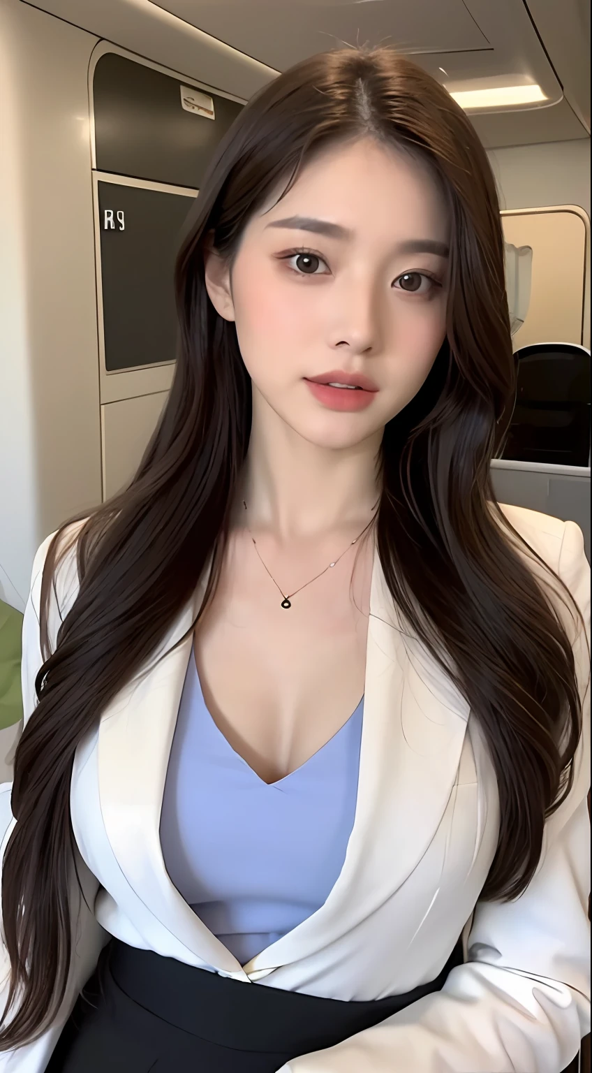 ((Top Quality, 8K, Masterpiece: 1.3)), Focus: 1.2, Perfect Body Beauty: 1.4, Buttocks: 1.2, ((Chest: 1.2)), On the Plane, Stewardess, White suit, Black skirt, Whiskey glasses in one hand, Highly detailed face, hands and skin texture, Delicate eyes, Double eyelids, Whitened skin, Long hair