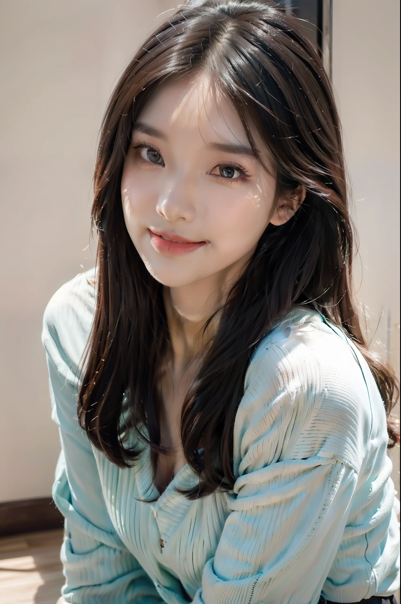 Real people,Highest image quality,tmasterpiece,Beautiful CG,Peerless beauty,Delicate and beautiful facial features,cute female child,cabelos preto e longos,Oily red lip,A sweet smile,ssmile,Smile without showing your teeth,Delicate skin,Shiny,Moisturizes skin,Blushing face,Recline back,Pure,Close-up ,solo person,Not exposed,Dynamic action,Hide hands,Pure desire、Luo Tianyi,