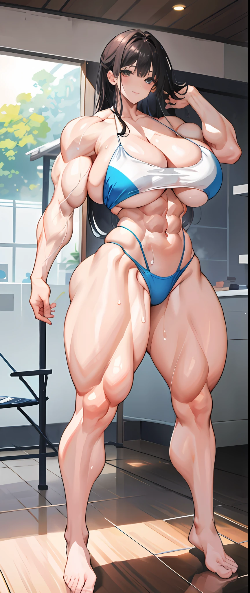 (masterpiece), (best quality), full body, perfect eyes, perfect face, volumetric lighting, 1girl, mature female, white wet transparent bikini, roupa apertada, smiling, blushing, sweat, huge breasts, thick body, gym. muscular body , huge muscular arms shoulders legs, abs