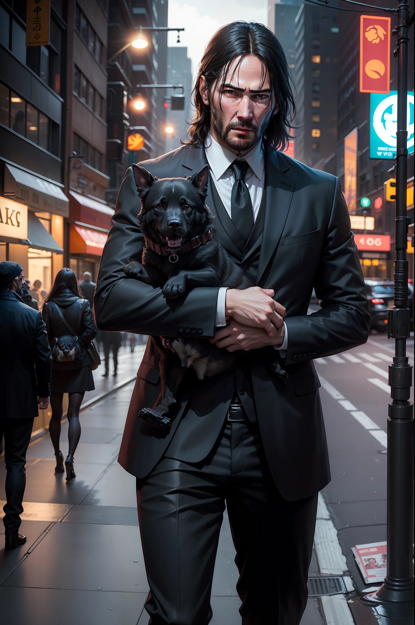 John Wick holds HK 416,and his dog,in new york,the night,street corner