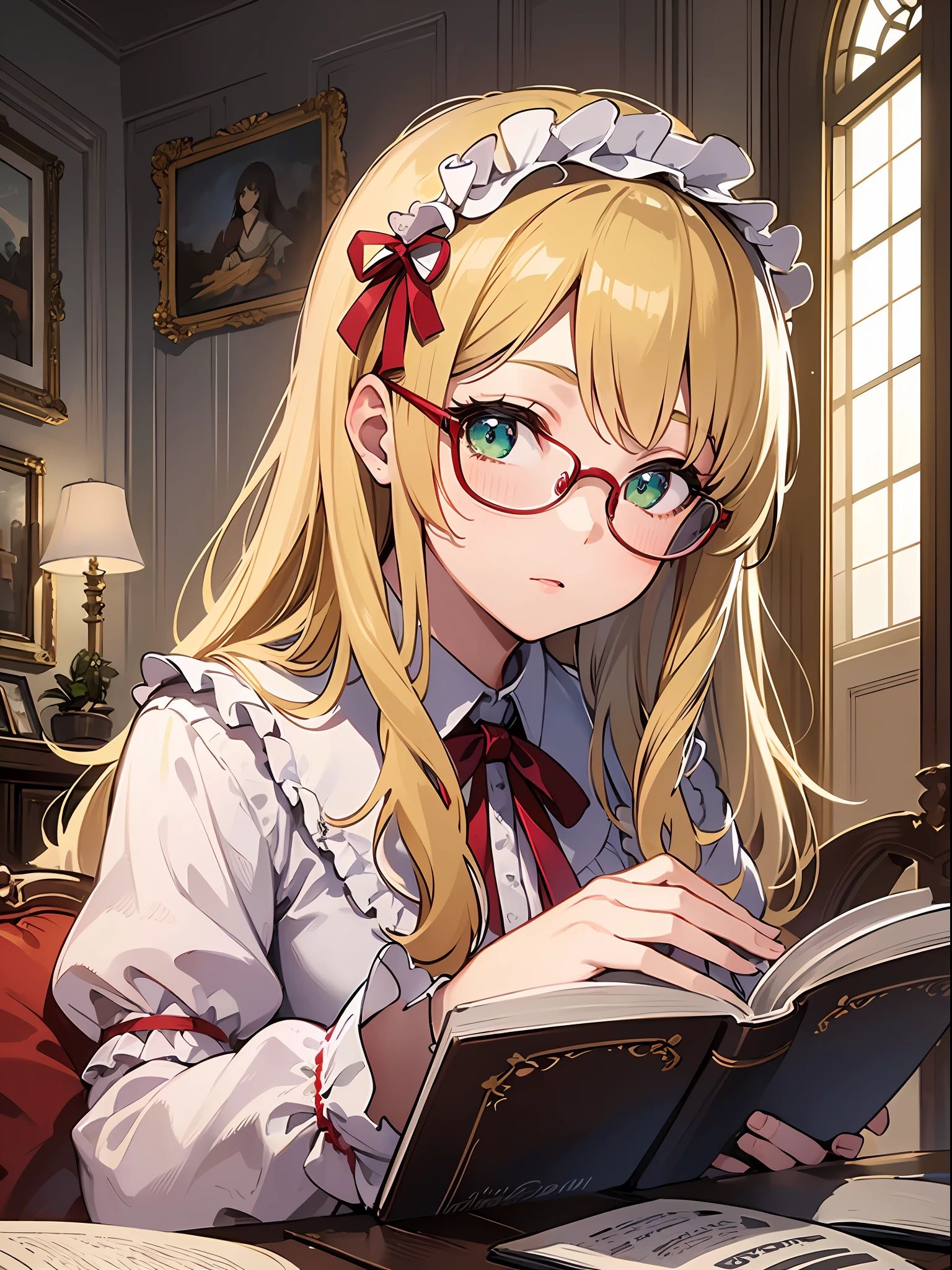 (masterpiece:1.3), (best quality:1.3), high resolution,
upper body,
leaning forward, sitting, body facing forward, reading a book,
(one cute girl:1.3), solo,
white skin, small Breast, eight-headed person,
light yellow hair, long hair, red ribbon, fluffy hair, beautiful hair, green eyes, beautiful detailed eyes,
sleeping face,
frilled dress, glasses, pink dresses,
indoors, inside the castle, luxury rooms,
shadowlighting,