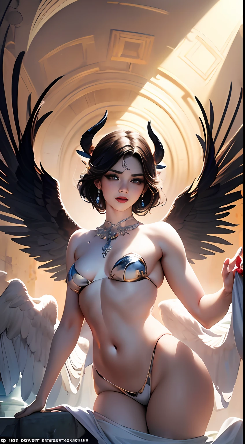 (tmasterpiece: 1.2), beste-Qualit, (illustartion: 1.2), (ultradetailed), eyes focus, (Masterfully crafted Glow, Pink glare lens), (Cinematic background), hyper-detailing, (delicate detailed), (intricate detials), In the air, Octane rendering, HDR, (hyper-detalied: 1.15), (soft light: 1.2), a 1girl, handsome girl, ultra detail eyes, Mature, fat, fat, Rainbow drops for drawing, Teardrop paint, The woman, Made of paint, entirely paint, Jumps, splatter, En plein air, (bioluminescent hair: 1.1), (gloweyes), ((makeup)),(Cinematic masterpiece), furious, powerfull, splashes of colour, absolutely eye-catching, (Cinematic headlight), Light, coming from above, Growing shadows, ((Caustic)), dinamic angle, beautifully detailed glow, Ambient shading, Ambient light, ray-traced reflections, (better lighting, extremely delicate and beautiful), ((cinematiclight)), (soft: 2), (Nephilim: 1.2), (Halo), horns demon, (1 angel wing), 1 Demon Wing, wings on the back, Half-demon, Demon ears, black wings, Raven Wings, (Falling crow feathers), black hair, gray eyes, (red glowing hair), (Radiant aura),