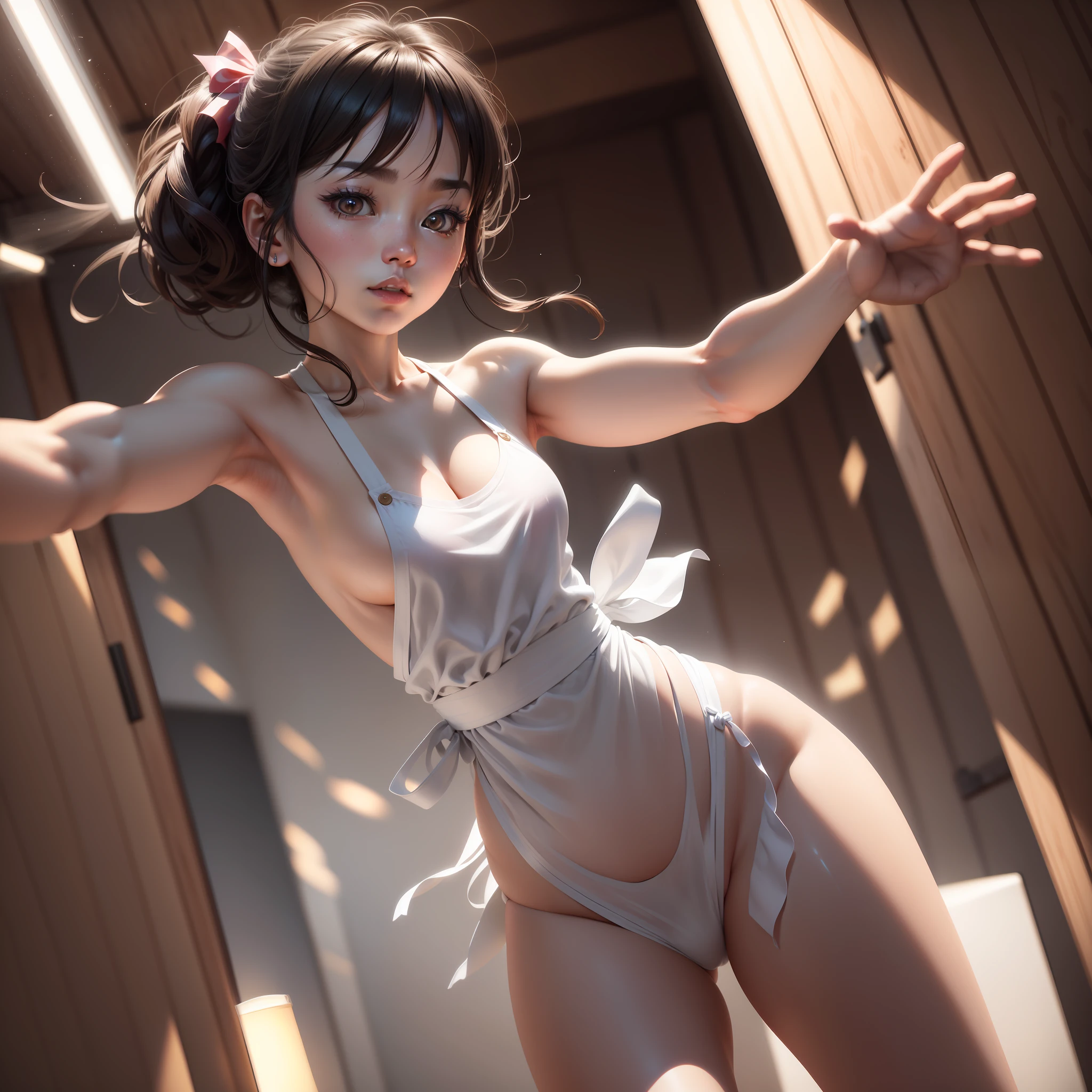 (Hyper-realistic), (illustratio), (A high resolution), (8K), (extremely higly detailed), (Most Best Illustration), (美丽细致的眼睛), (best qualtiy), (ultra - detailed), (tmasterpiece), ( the wallpaper), (详细的脸), 独奏,(dynamicposes),1 rapariga, Dance the body with rhythmic dance movements, Hot body, Strong sense of light, The whole body is covered only with ribbons(with no underpants)(no underwares)Wearing an apron naked