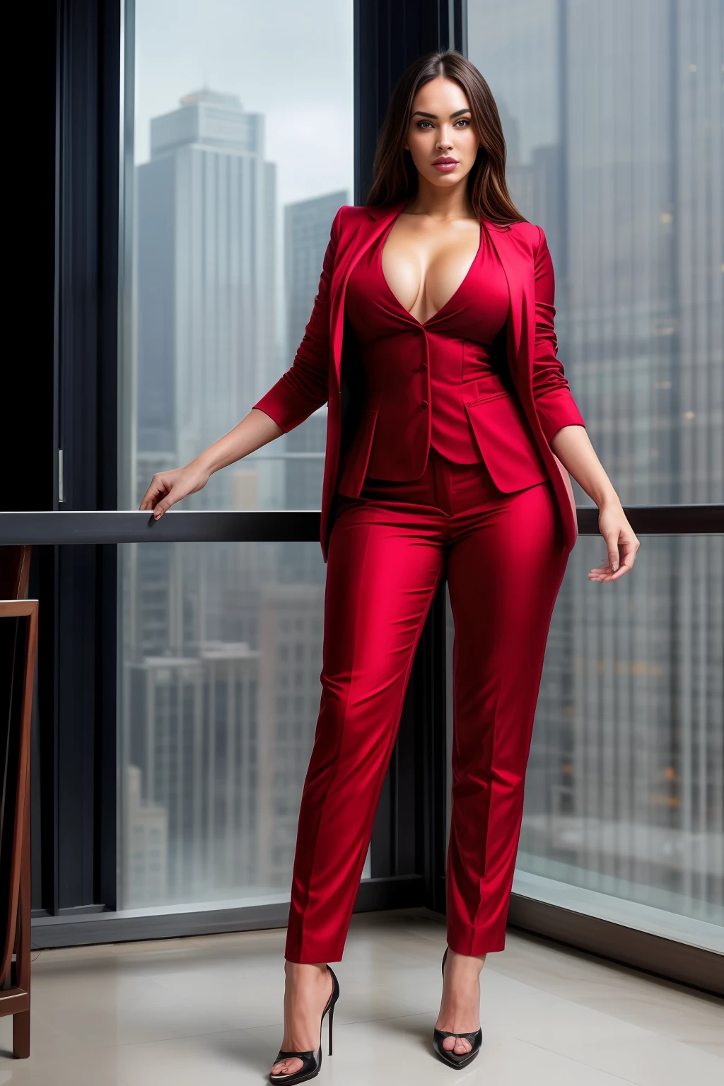 Megan fox as corporate lady, red satin suit, no shirt, open unbuttoned coat, formal trousers, massive cleavage, high heels, athletic curvy figure, boobs popping out, open hair, seductive pose in balcony, day scene, hourglass figure, massive breasts, fit, seductive face, look at camera and wink, erotic adult face, 40 yo, soft volumetric lights, intricate details, (ArtStation:1.2)