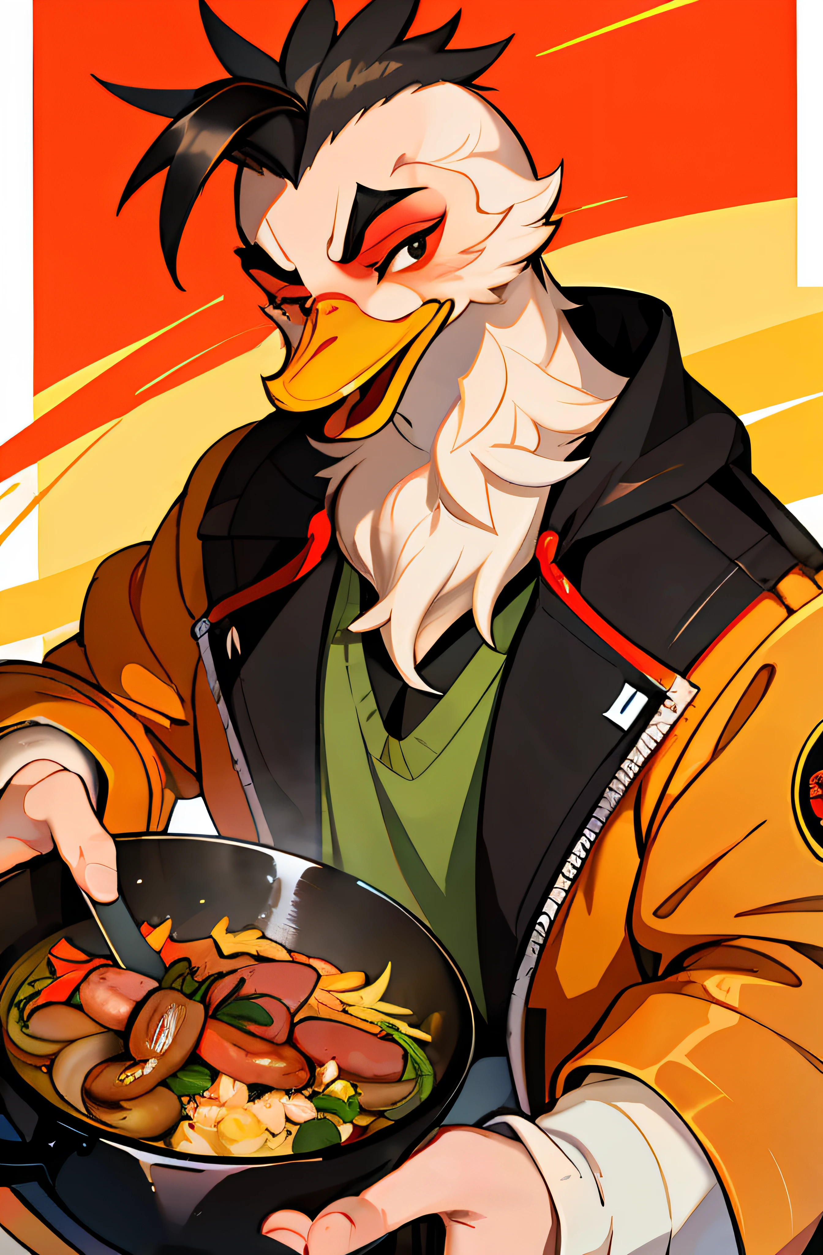Cartoon duck holding a bowl of food in his hand, ❤🔥🍄🌪, cooking it up, discord pfp, in the style of sifu 🔥 😎 🕹️ 👀 :2, profile picture 1024px, saints ( valorant ), bian lian, Cooking, Tanjiro Kamado, chef platypus