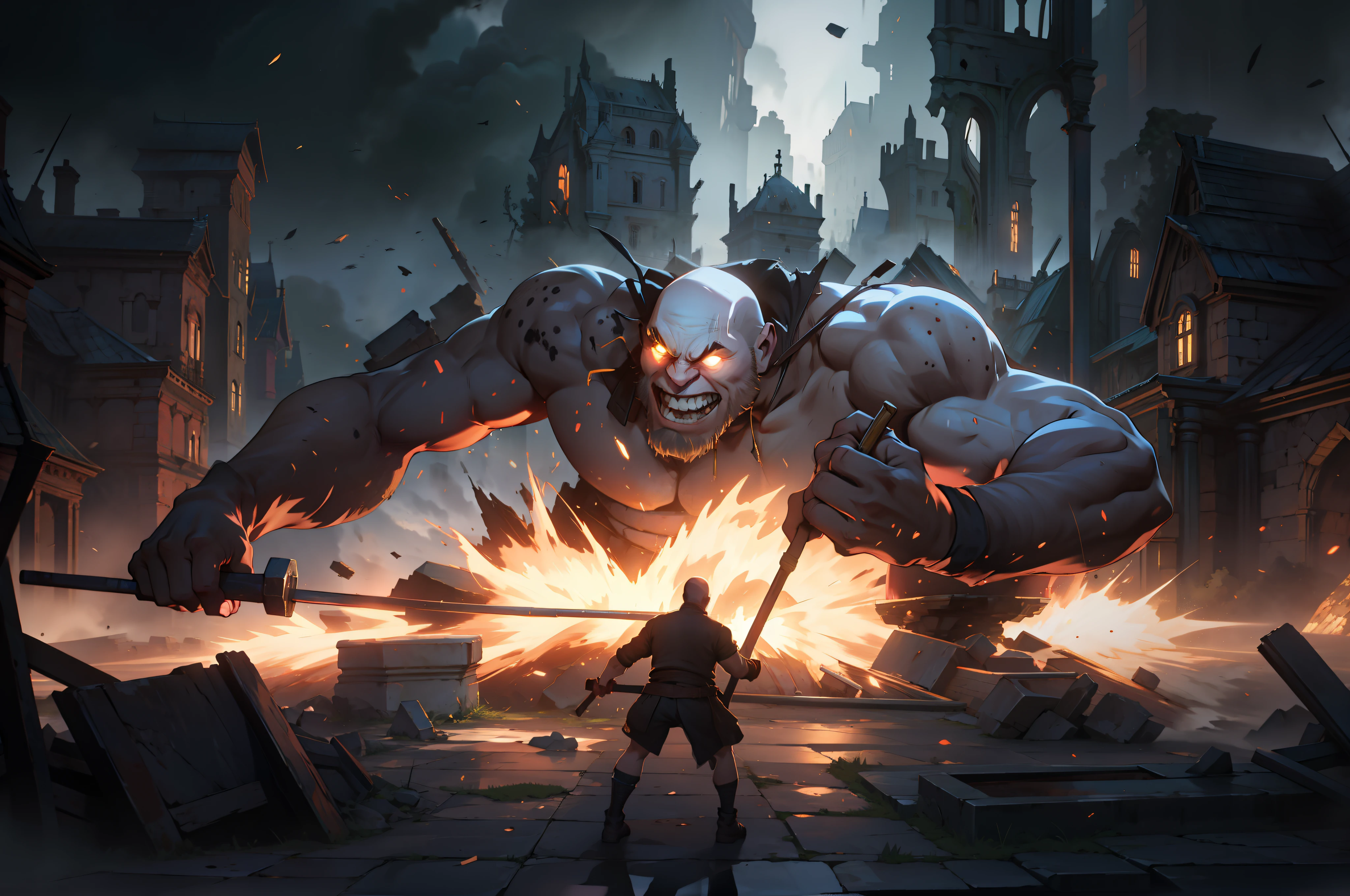 The bald giant smashed it to the ground with a sledgehammer in his hand，Huge tremor eruptions，Castle ruins