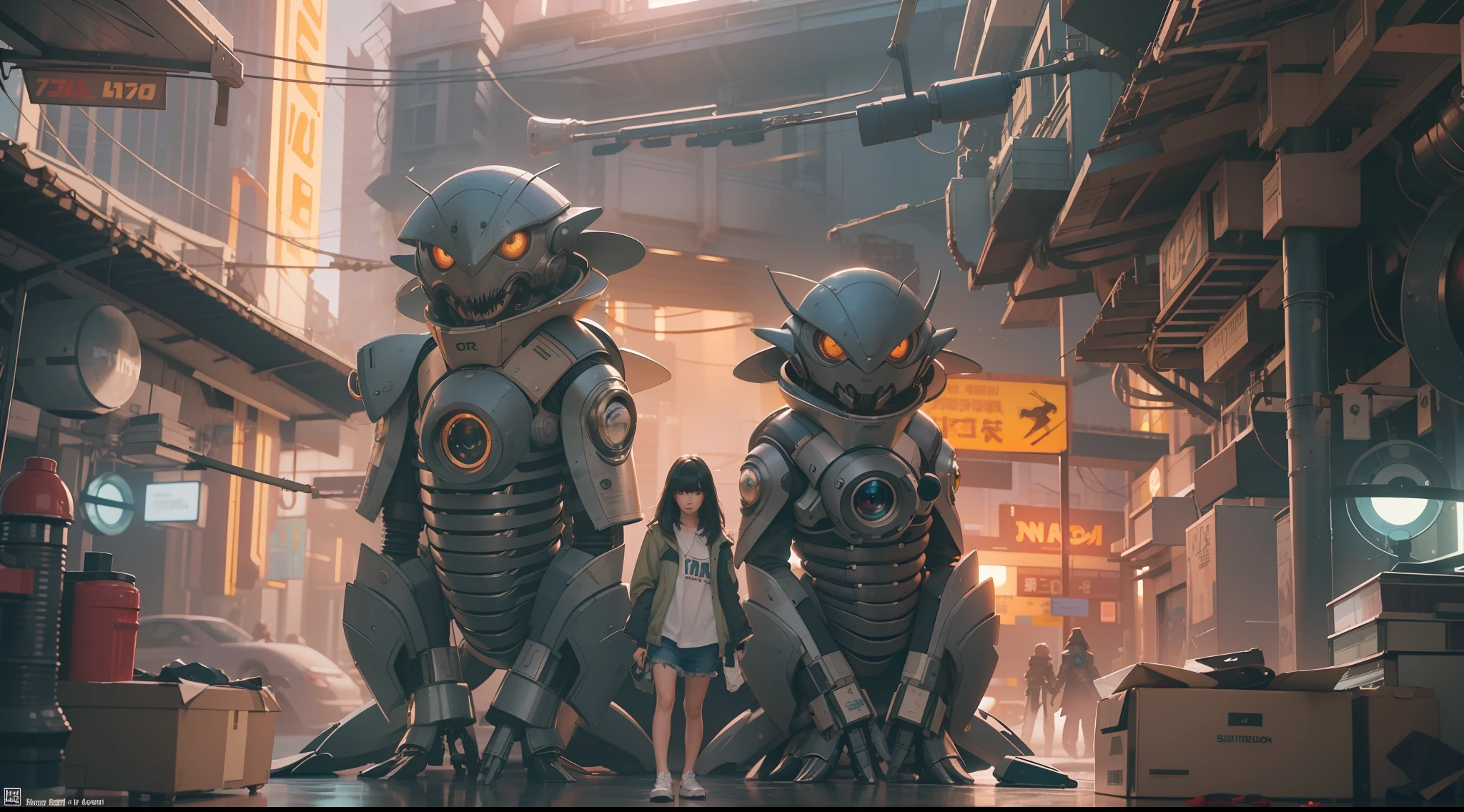 (best qualtiy,ultra - detailed,Best Illustration,Best shadow,masterpiece,A high resolution,professionalartwork,famous artwork),sci-fi,It depicts a young couple with colored scleras and a huge big cute alien with robot eyes,by Makoto Shinkai,by Artgerm,by wlop,by Greg Rutkowski,Volumetric lighting,octane render,4K,Trending on ArtStation,masterpiece