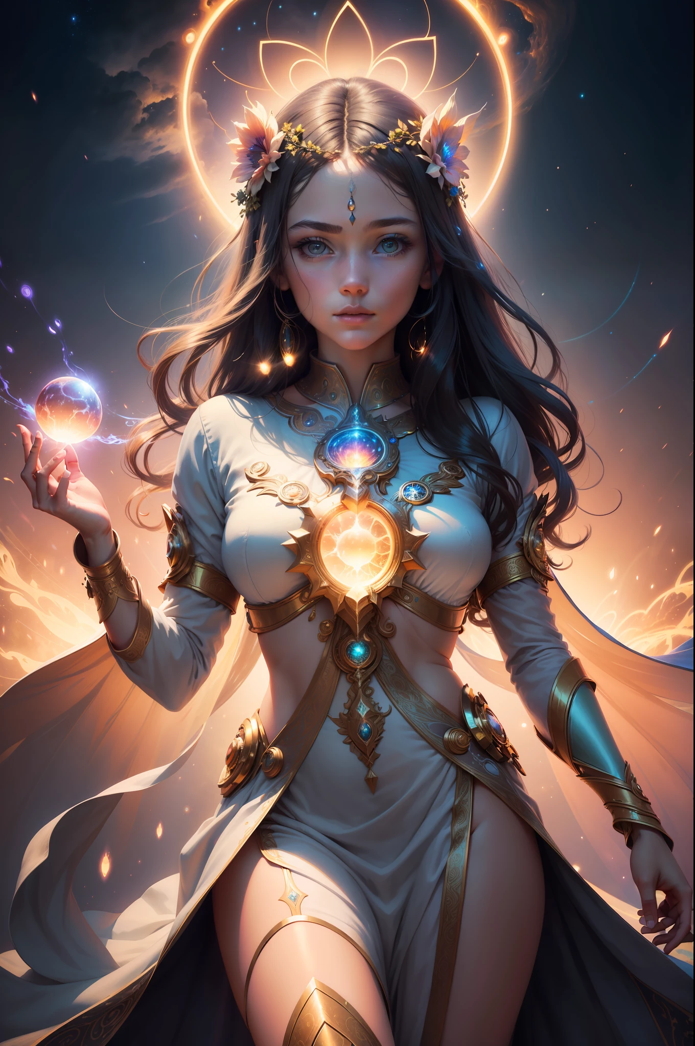 ((best quality)), ((masterpiece)), ((realistic)), portrait, 1girl, celestial, deity, goddess, light particles, halo, looking at viewer, (bioluminescent:0.95) flame, bioluminescence, phoenix, Vibrant, Colorful, Color, (Glow, Glow), (Beautiful Composition), Cinematic Lights, Intricate, (Symmetry: 0.5), Whimsical, Alien Planet