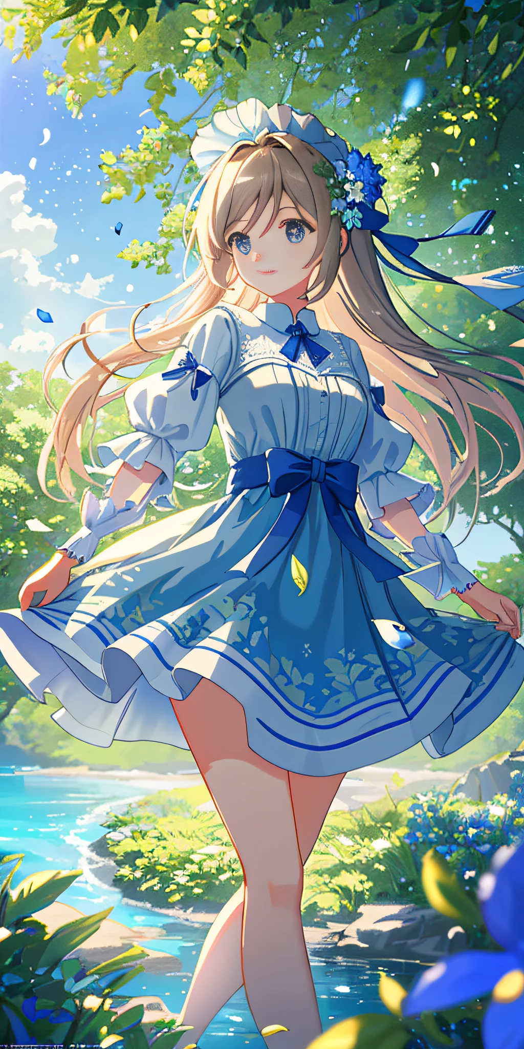 Masterpiece, best quality, (very detailed CG unity 8k wallpaper) (best quality), (best illustration), (best shadows) Nature&#39, blue sea,delicate leaves petals of various colors falling in the air light Tracking, super detailed --v6