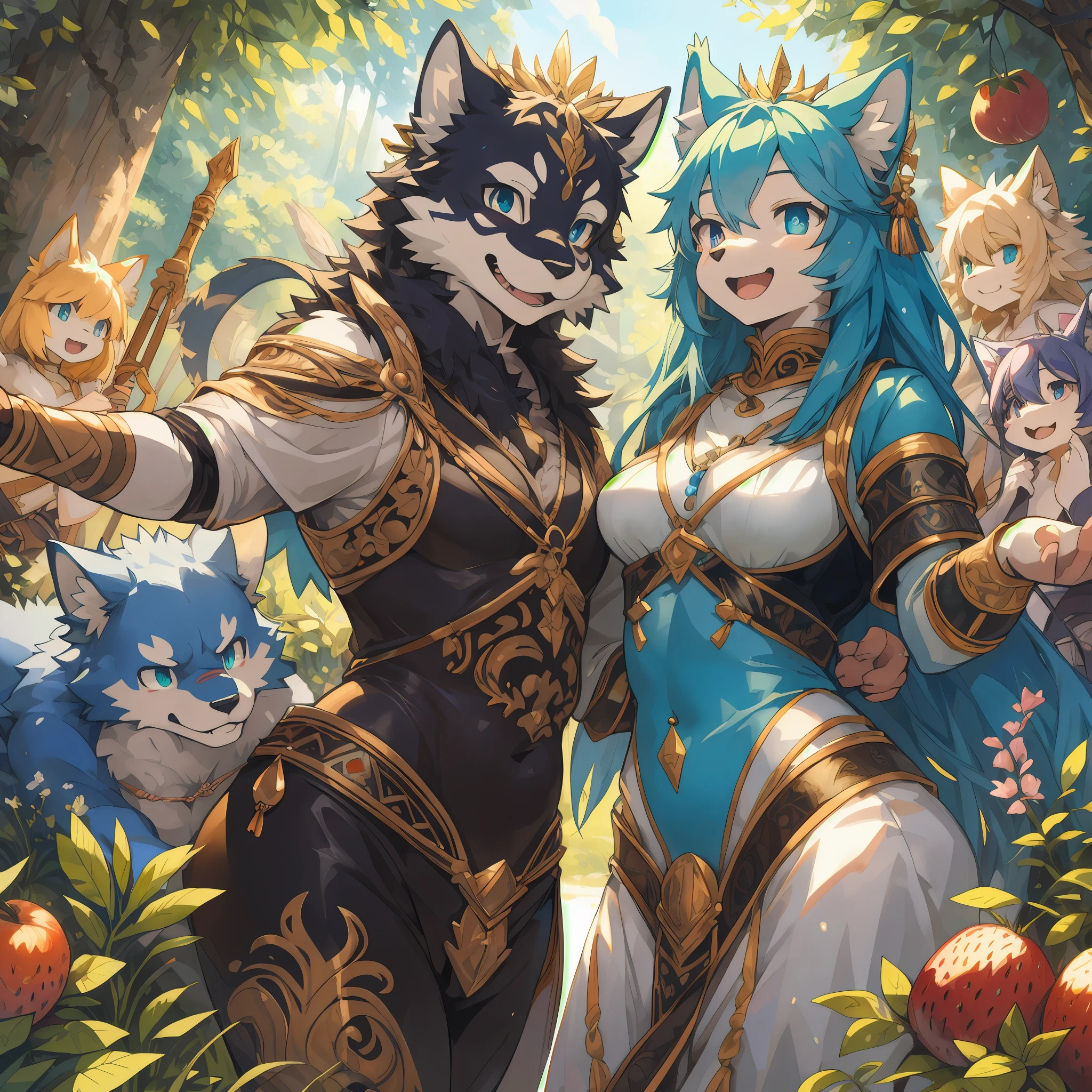dynamic angle, top quality, best quality, High-quality illustrations, masterpiece, super high resolution, detailed background, detailed background, mythical world by Michelangelo, Eden, Fruit of Wisdom, group shot:0.1, 6+boys, 6+girls, Happy, joyful, absurdres(highly detailed beautiful face and eyes)perfect ???????, expression, good lighting, cinematic shadow(kemono, furry anthro),