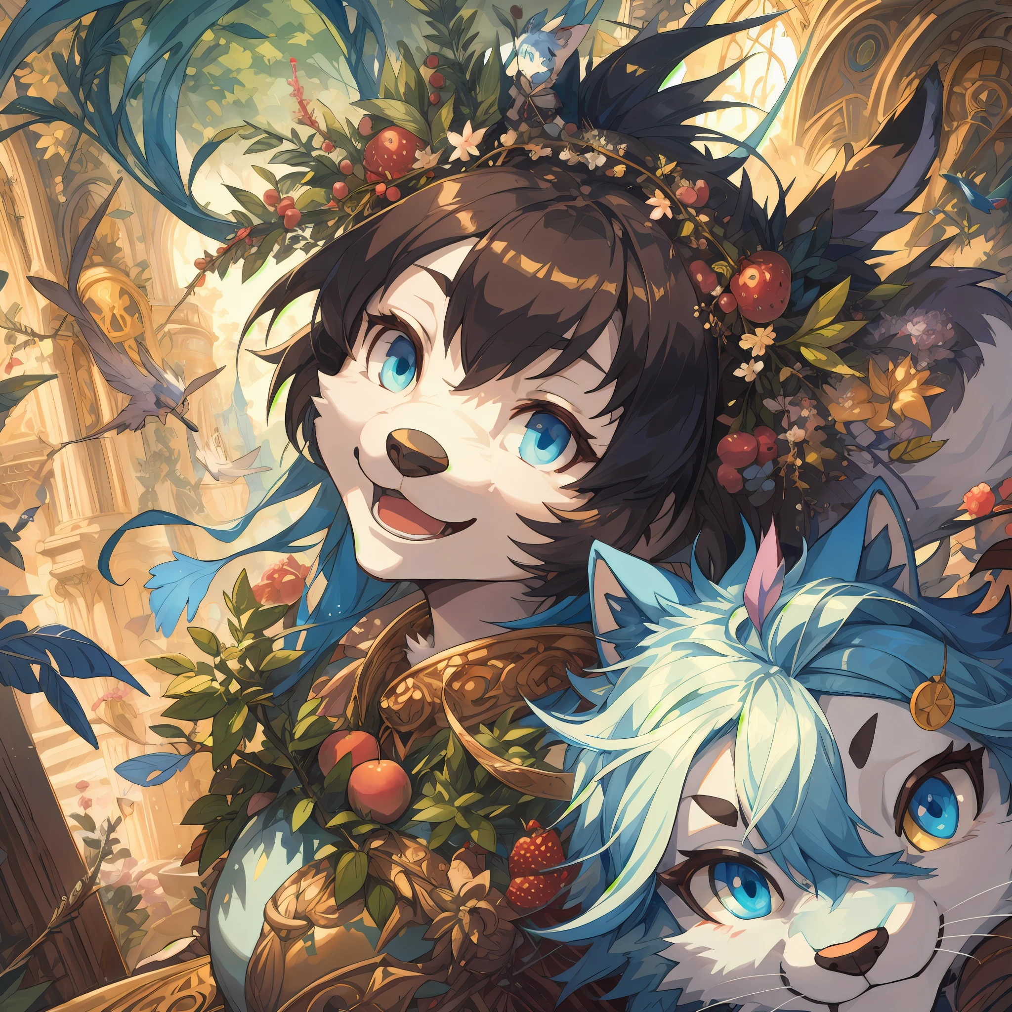 dynamic angle, top quality, best quality, High-quality illustrations, masterpiece, super high resolution, detailed background, detailed background, mythical world by Michelangelo, Eden, Fruit of Wisdom, group shot:0.1, 6+boys, 6+girls, Happy, joyful, absurdres(highly detailed beautiful face and eyes)perfect anatomy, expression, good lighting, cinematic shadow(kemono, furry anthro),