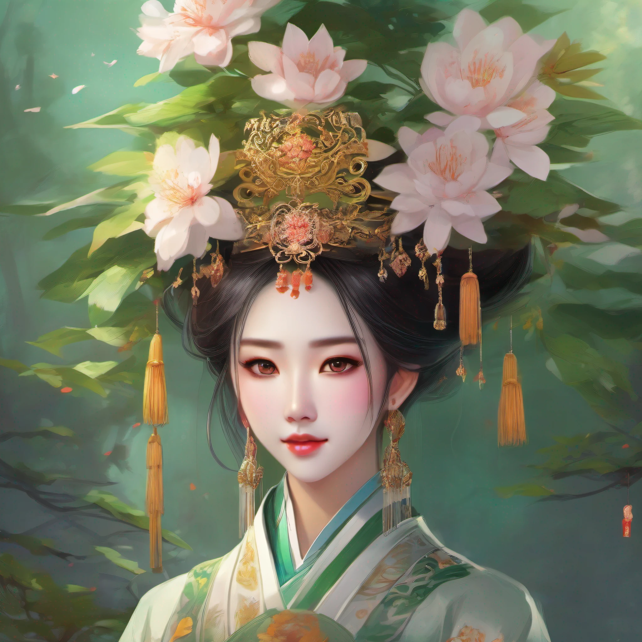 There was a woman，A flower stuck in his hair，Wears a green headdress, Palace ， A girl in Hanfu, Beautiful character painting, Guviz-style artwork, a beautiful fantasy empress, Guviz, Princesa chinesa antiga, ancient chinese beauti, ((a beautiful fantasy empress)), A beautiful artwork illustration, Wearing ancient Chinese clothes