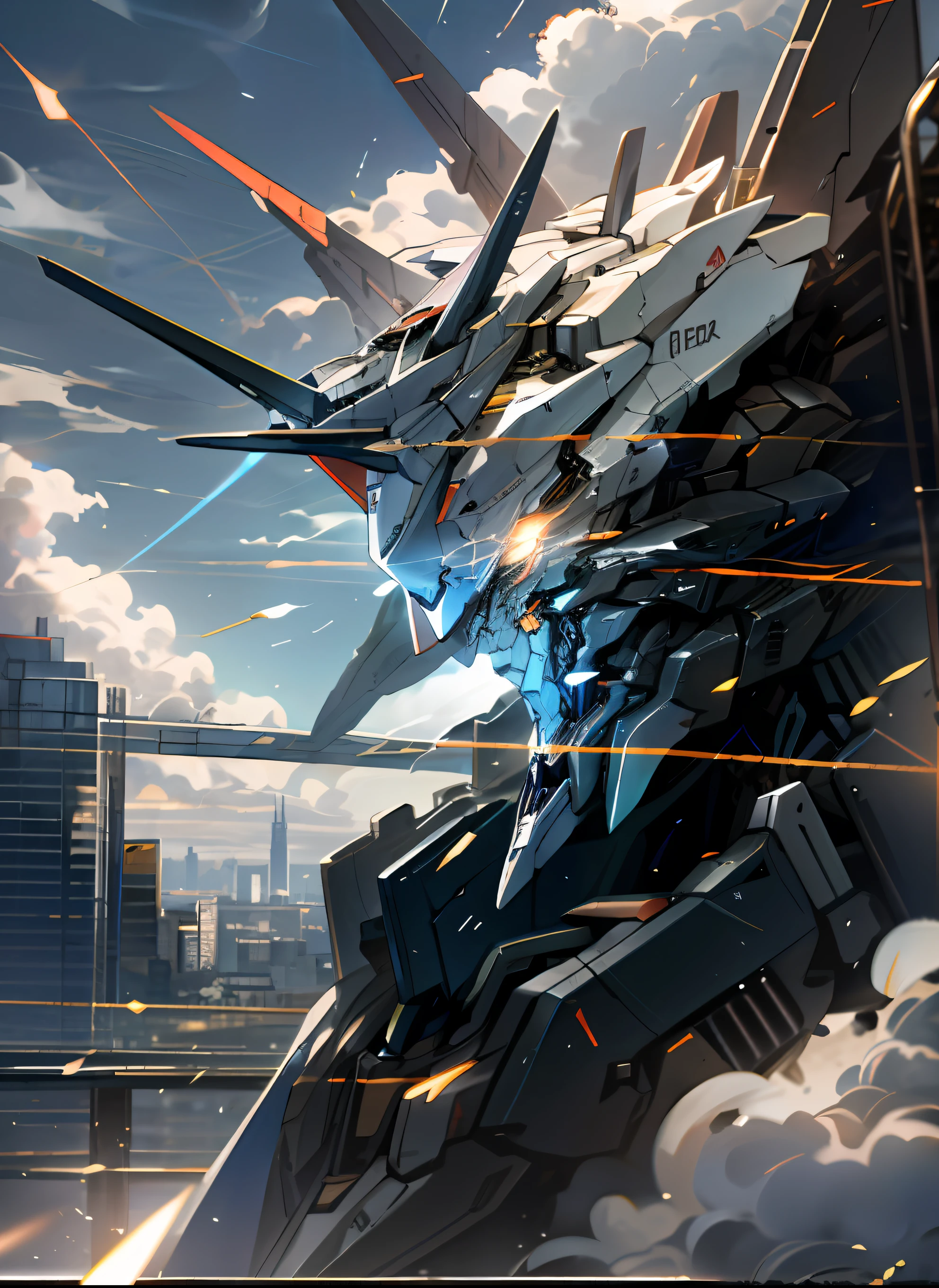 Sky, Clouds, holding_weapon, no_humans, Glow, Gundam, Architecture, glowing_eyes, Mecha, Science Fiction, City, Reality, Mecha