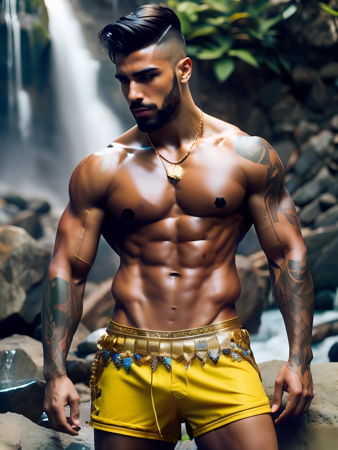 fking_scifi, fking_scifi_v2, portrait of a young, muscular extremely handsome and attractive Brazilian male model, in front of a waterfall, short windy hair, hairy tattooed body, colorful clothing and golden jewelry, close up, regal pose and attitude. fking_cinema_v2.