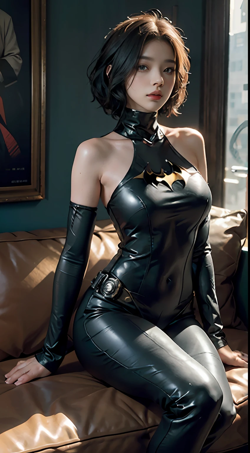 primitive，tmasterpiece，ultra fine photos，，best qualtiy，超高分辨率，Photoreality，rays of sunshine，full-body portraits，stunningly beautiful，，dynamicposes，Chinese beautiful woman，Vibrant eyes，（seen from the side），She wears a futuristic Batman costume，tight leather pants，turtleneck top，cropped shoulders，Batman ears，Sit on a leather sofa，very highly detailed background，detailed face with，Detailed and complex busy background，Untidy，opulent，milkyW，Highly detailed skin，Realistic details of skin，Visible Pore，tack sharp focus，volume fog，8K  UHD，digital SLR camera，high qulity，filmgrain，White skin of the，photo-realism，DL，Huge metropolis in a dystopia of the future , look from down, semi transparent