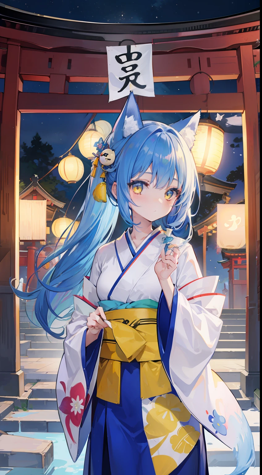One girl、Ghosts、Blue-haired、poneyTail、Fox face、Kimono dress、frilld、ribbons、tmasterpiece、top-quality、Top image quality、Cute Baby Turtle、Yellow eyes、paper lanterns、（（（natta）））、Torii gate、Shrines、lantern