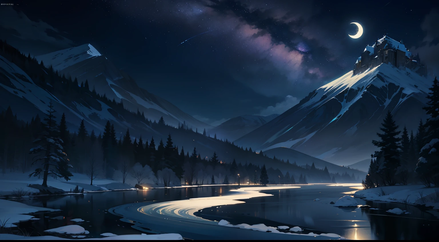A painting of a river with stars and moon in the sky, concept art inspired by Tosa Mitsuoki, pixiv contest winner, best quality, fantasy art, beautiful anime scene, a bright moon, moonlit starry environment, dream painting, Anime Background Art, Fantasy Landscape Art, Fantasy Night, Anime Background, Background Artwork, Fantastic Art, Atmospheric Anime, Starry Sky, Detail Enhanced.