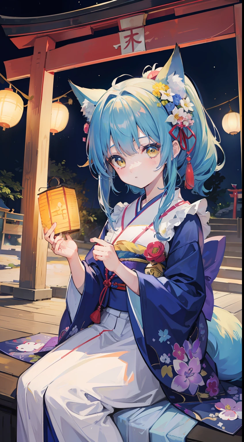 One girl、Ghosts、Blue-haired、poneyTail、Fox face、Kimono dress、frilld、ribbons、tmasterpiece、top-quality、Top image quality、Cute Baby Turtle、Yellow eyes、paper lanterns、(((natta)))、Torii gate、Shrines、lantern