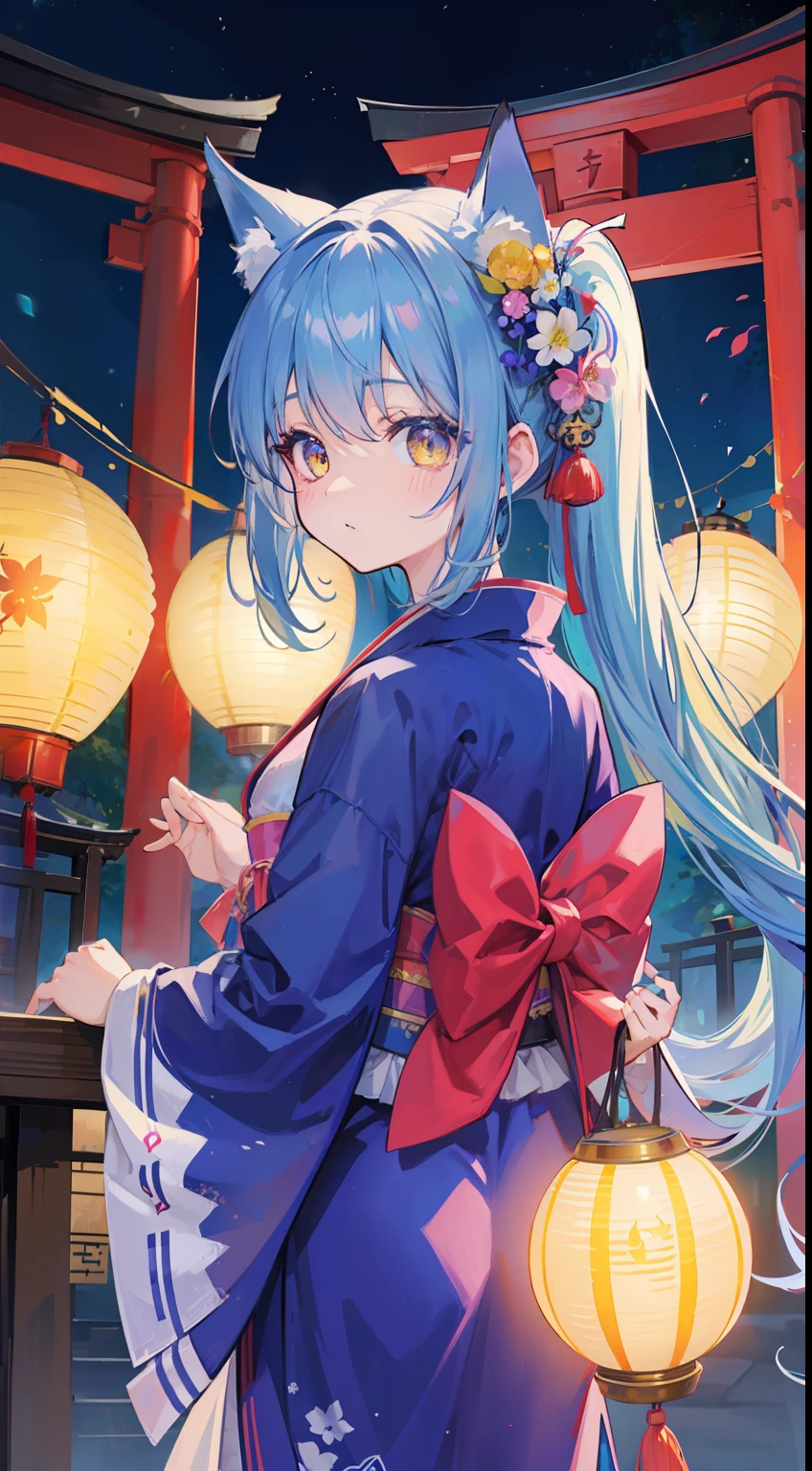One girl、Ghosts、Blue-haired、poneyTail、Fox face、Kimono dress、frilld、ribbons、tmasterpiece、top-quality、Top image quality、Cute Baby Turtle、Yellow eyes、paper lanterns、(((natta)))、Torii gate、Shrines、lantern