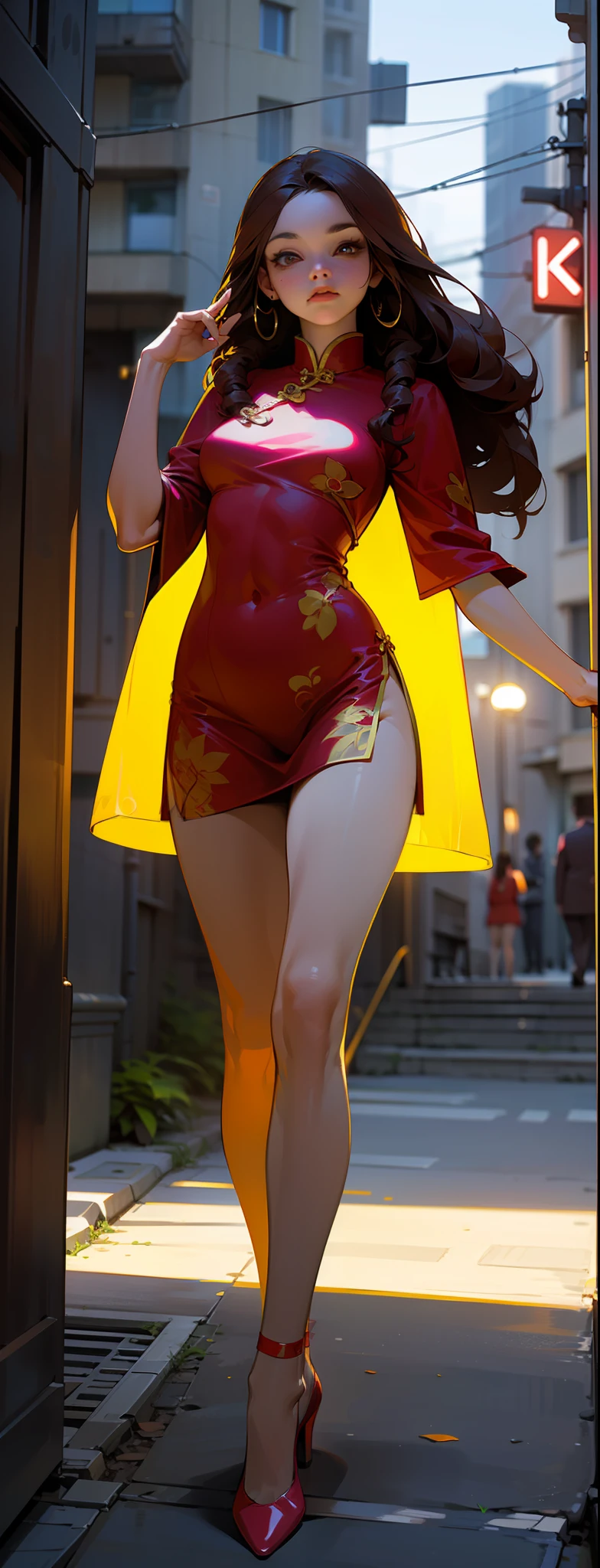 ((Realistic lighting, Optimal quality, 8K, tmasterpiece:1.3)),（ sharp fokus:1.2）, Kizi, （Beautiful Women with Perfect Figure:1.4）,（Full body like：1.4），Slim：1.1, ((long and dark brown hair)),（（long whitr hair）） ，（（curlies）），(Red and yellow cheongsam:1.4）,Expose long legs，（exteriors，during night：1.1），the city street，High-rise buildings and deep alleys，Ultra-fine face，Fine eyes，二重まぶた，