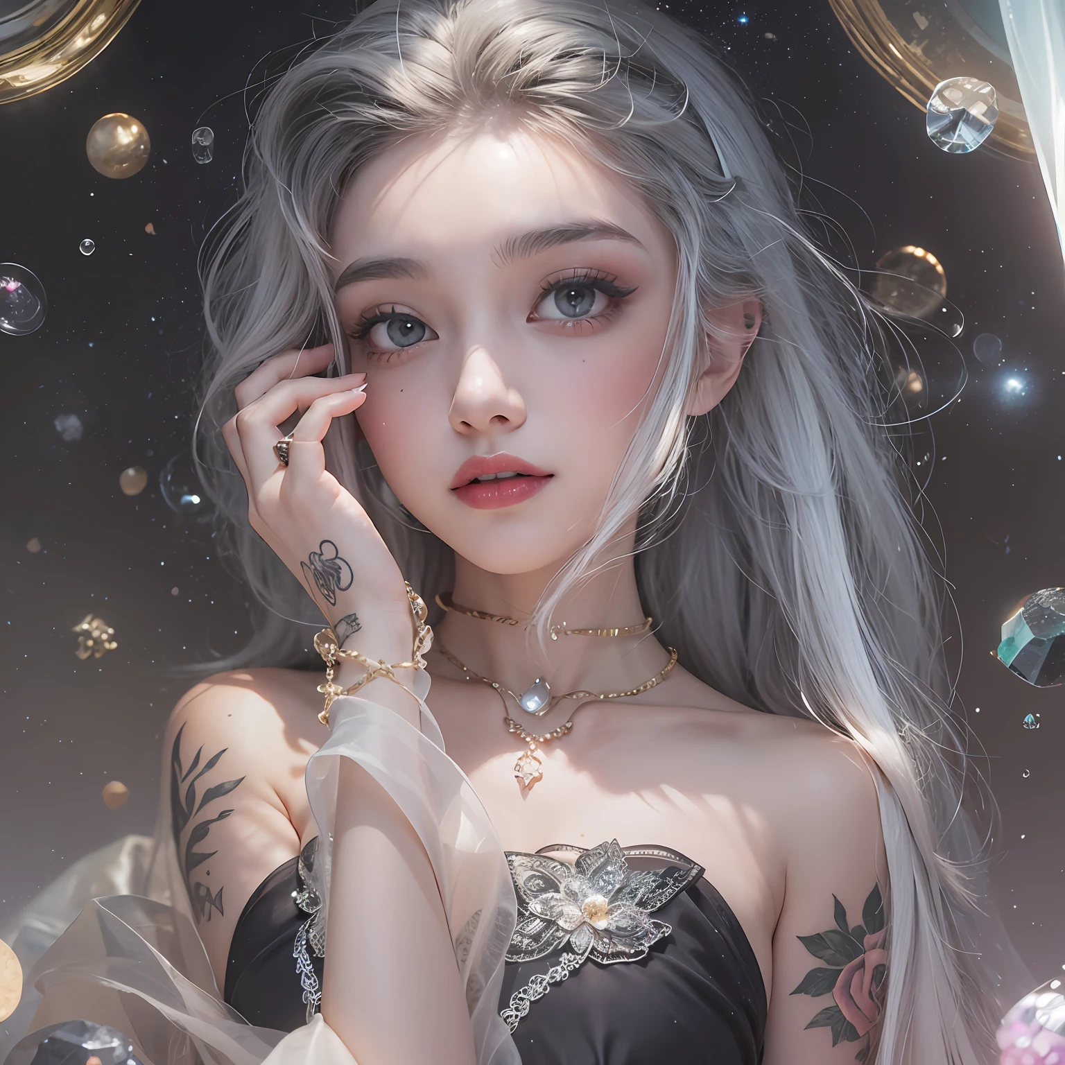 1girll,(enchanced quality:1.4),(Top quality true texture skin), Delicate face,Black hair, Gradient hair, Petite body,(perfect bodies:1.1), There are precious stones on the forehead, rimless eyewears, Sparkling pupils,long eyelasher,grin, hyper photorealism, Cinematic lighting, projected inset, surrealism, hyper HD, Masterpiece, 16k,Lie down,dream on,Wear transparent silk pajamas,Carmelto,Legs slightly open,Tattooed with,Fantasy space,Luxurious space