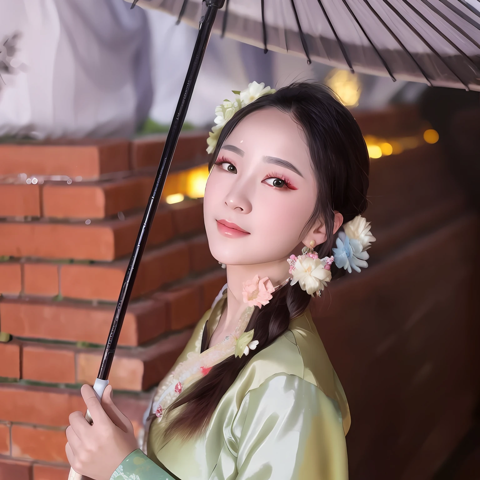 There was a woman holding an umbrella,Wearing a green dress, Hanfu, Palace , Hayao Miyazaki,A girl in Hanfu, Chinese traditional, Chinese style, Wearing ancient Chinese clothes, Chinese girl, with acient chinese clothes, Inspired by Huang Ji, Traditional Chinese clothing, Chinese woman, White Hanfu, Inspired by Lan Ying, Middle metaverse, Chinese costume