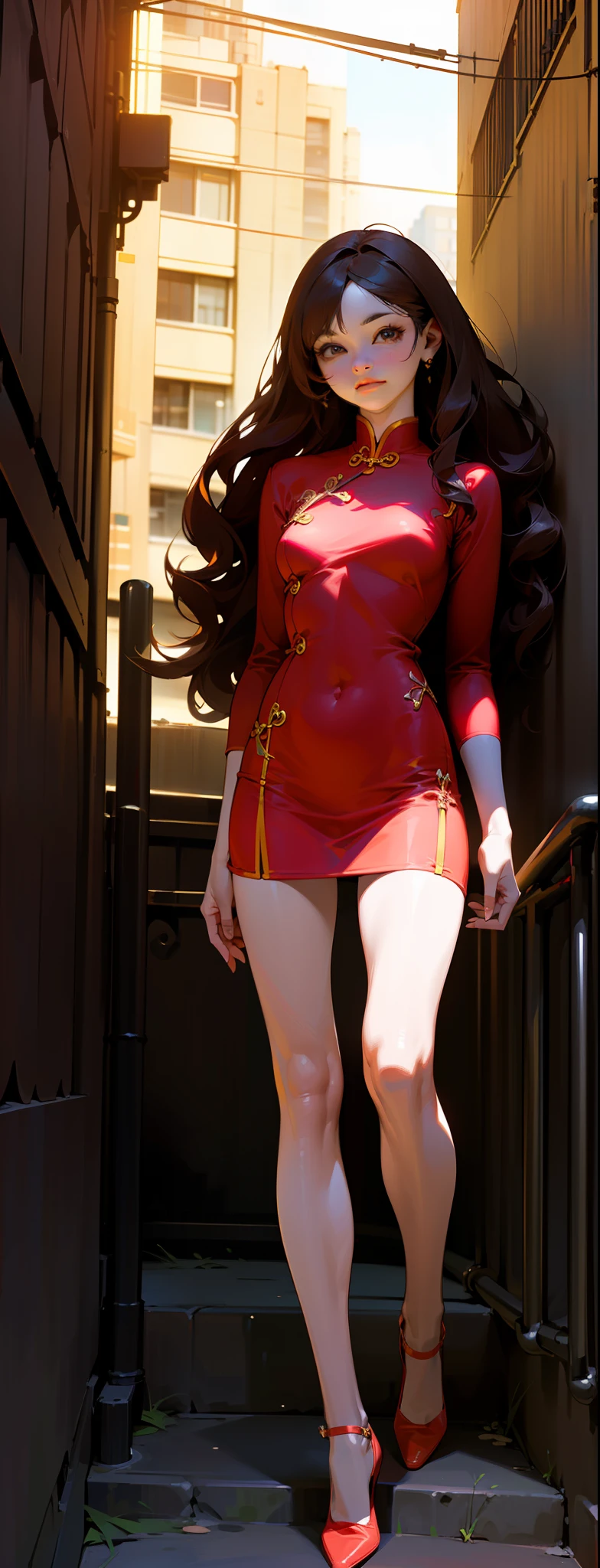 ((Realistic lighting, Optimal quality, 8K, tmasterpiece:1.3)),( sharp fokus:1.2), Kizi, (Beautiful Women with Perfect Figure:1.4),(Full body like:1.4),Slim:1.1, ((long and dark brown hair)),((long whitr hair)) ,((curlies)),(Red and yellow cheongsam:1.4),Expose long legs,(exteriors,during night:1.1),the city street,High-rise buildings and deep alleys,Ultra-fine face,Fine eyes,二重まぶた,