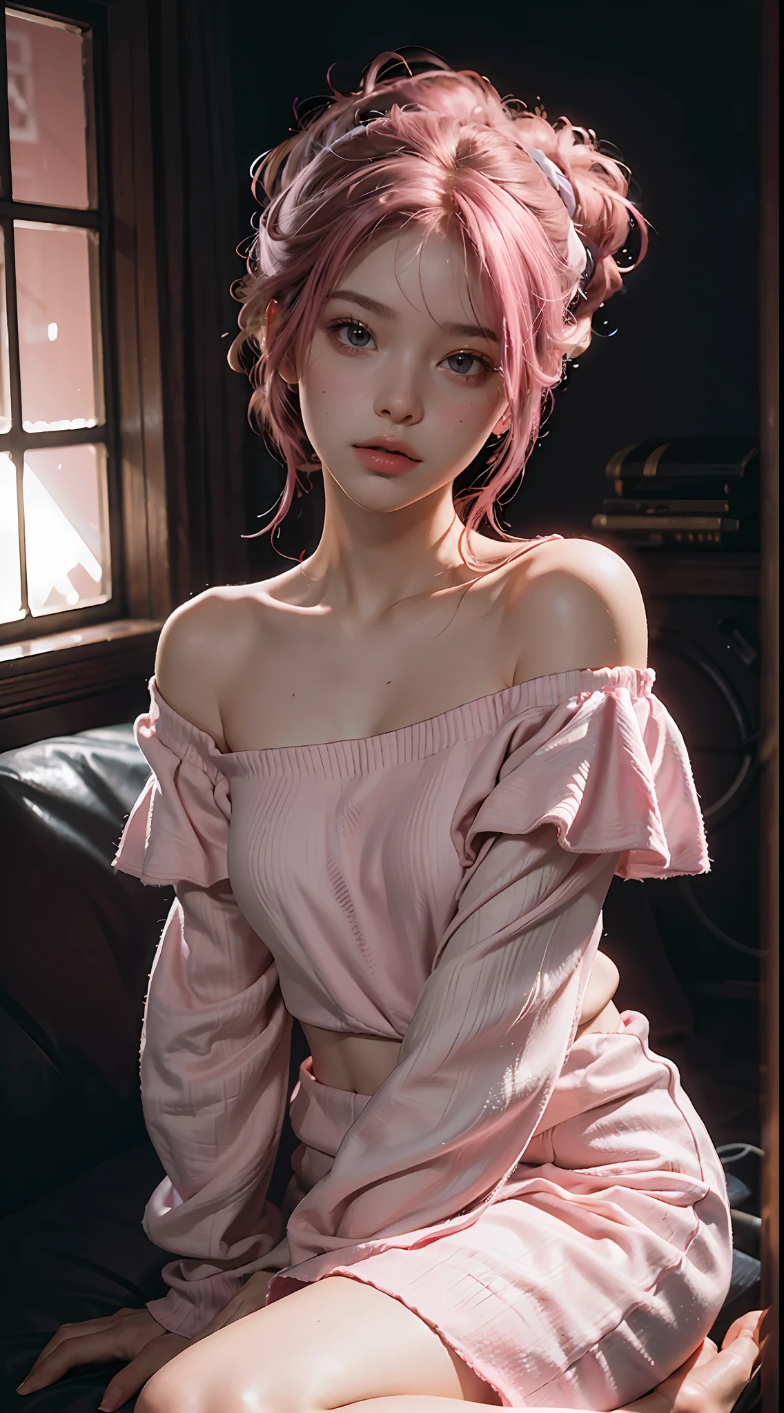 Best Quality, Masterpiece, Ultra High Resolution, (Realisticity: 1.4), Original Photo, 1girl, Pink Off-the-Shoulder, Cinematic Lighting